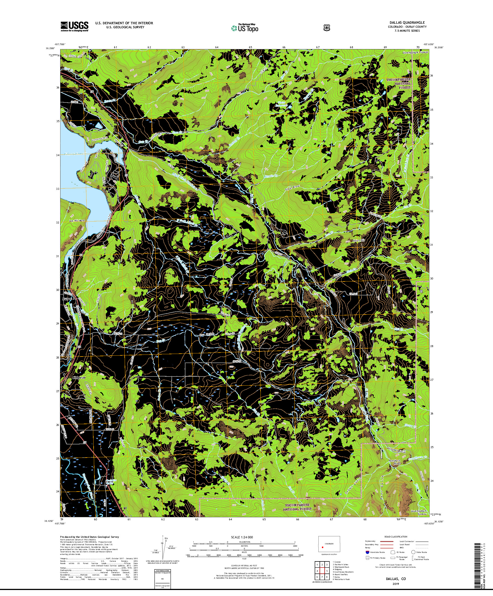 USGS US TOPO 7.5-MINUTE MAP FOR DALLAS, CO 2019