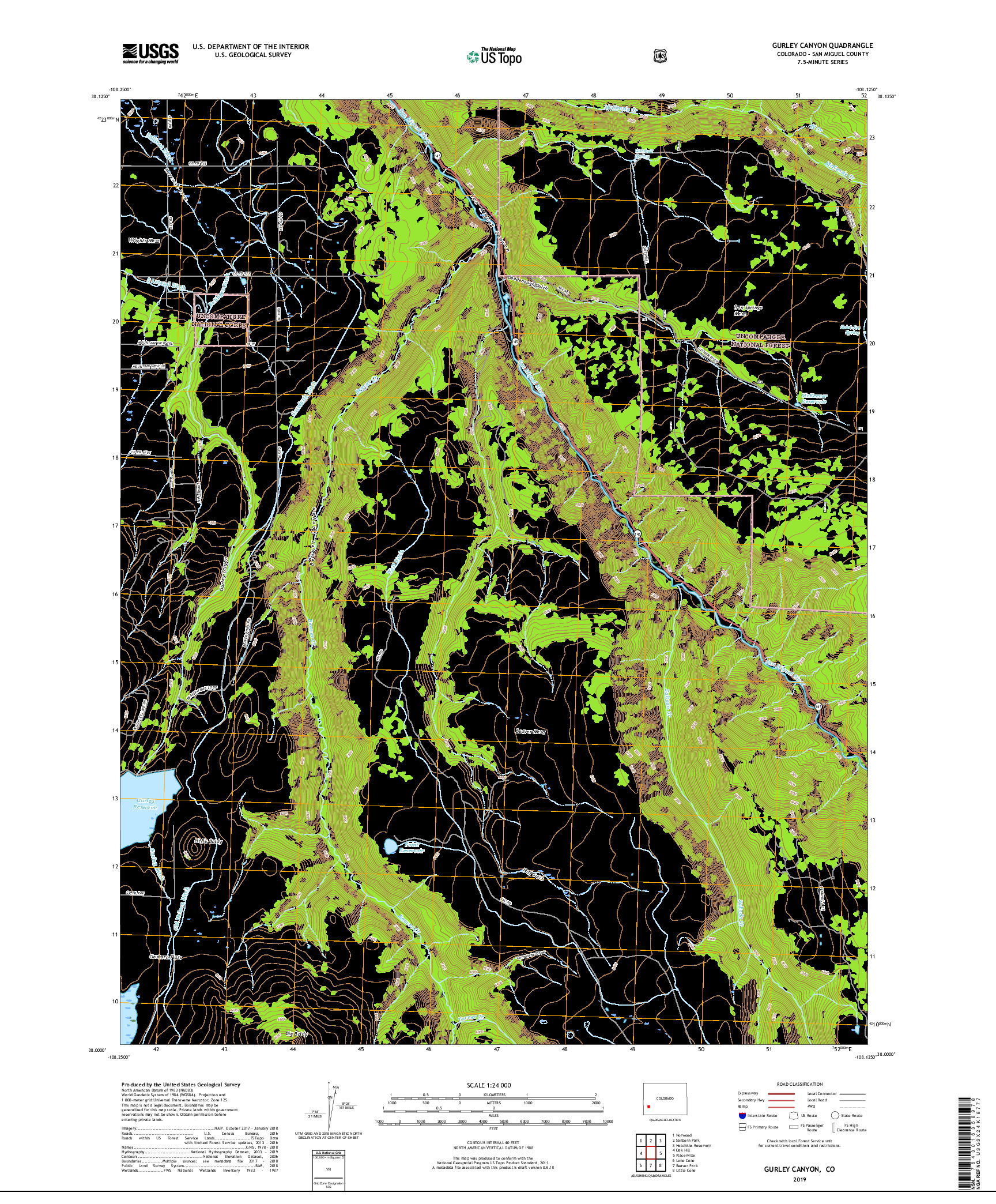 USGS US TOPO 7.5-MINUTE MAP FOR GURLEY CANYON, CO 2019