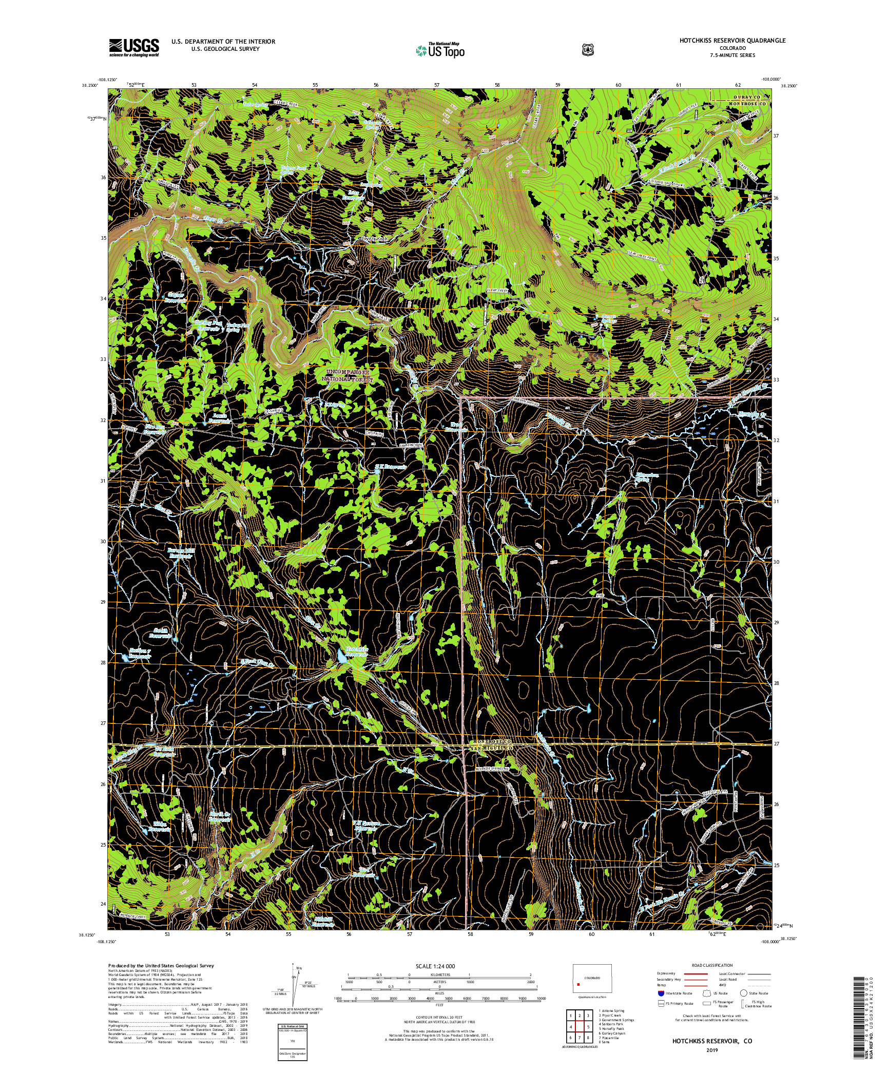 USGS US TOPO 7.5-MINUTE MAP FOR HOTCHKISS RESERVOIR, CO 2019