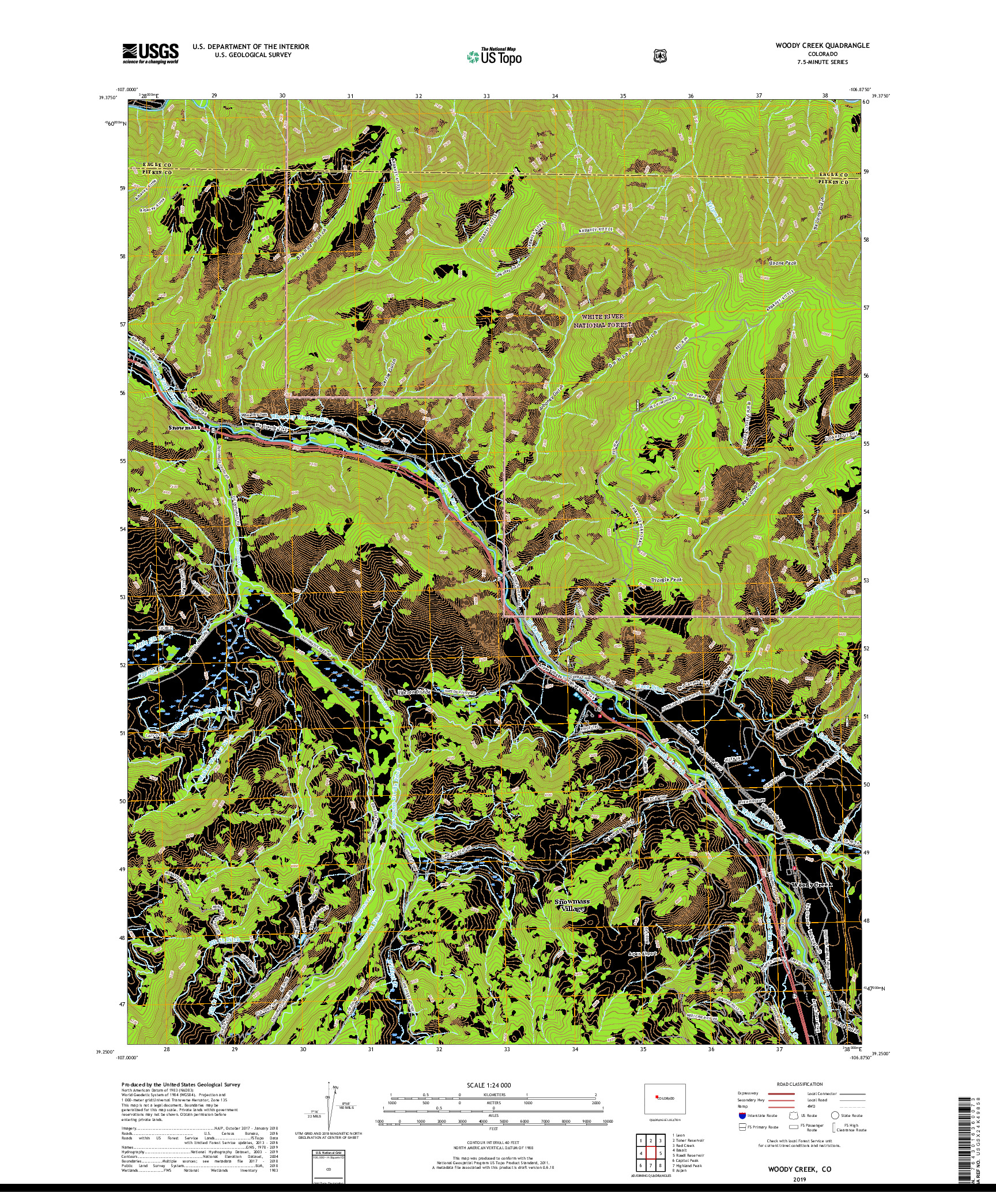 USGS US TOPO 7.5-MINUTE MAP FOR WOODY CREEK, CO 2019