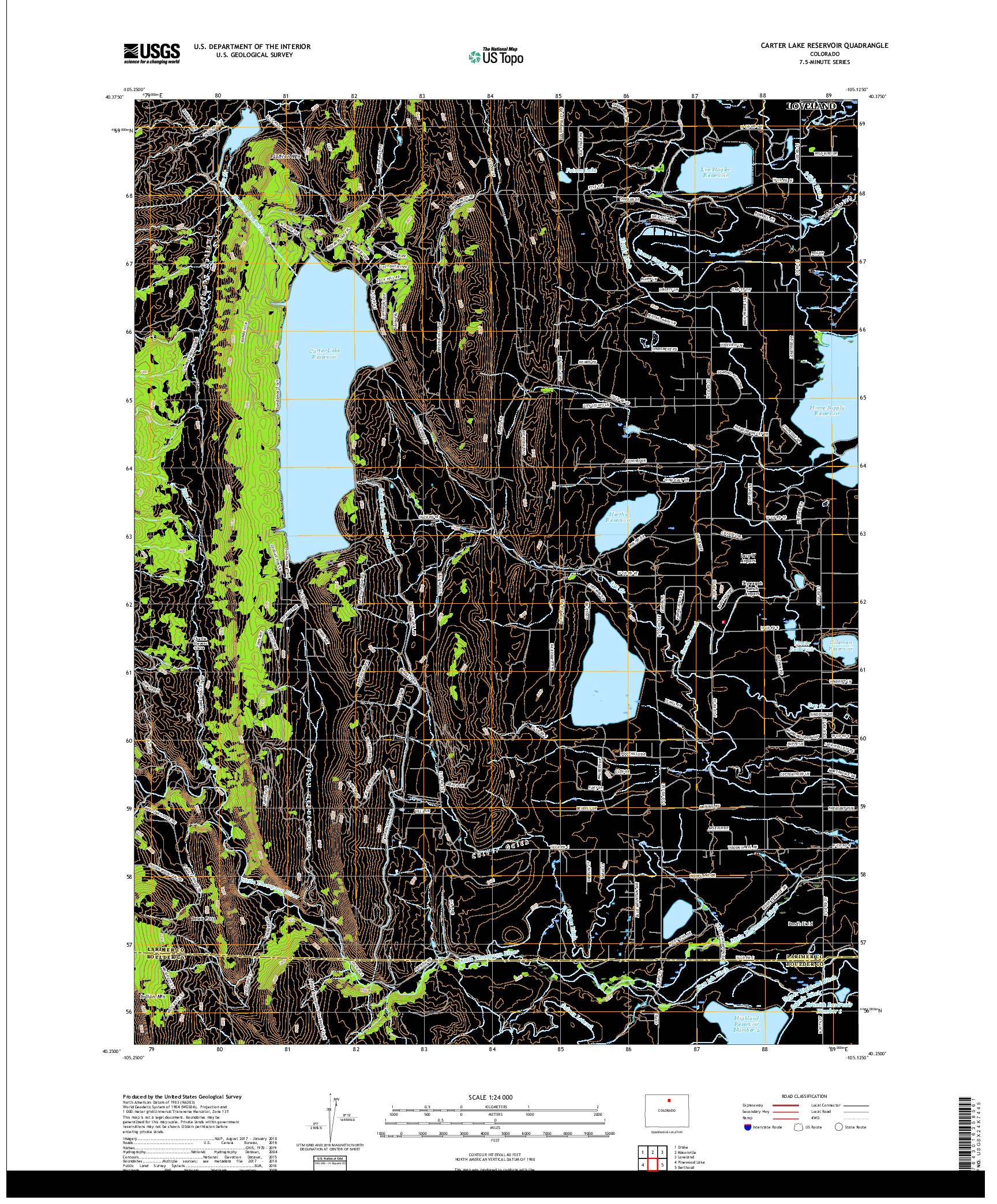 USGS US TOPO 7.5-MINUTE MAP FOR CARTER LAKE RESERVOIR, CO 2019