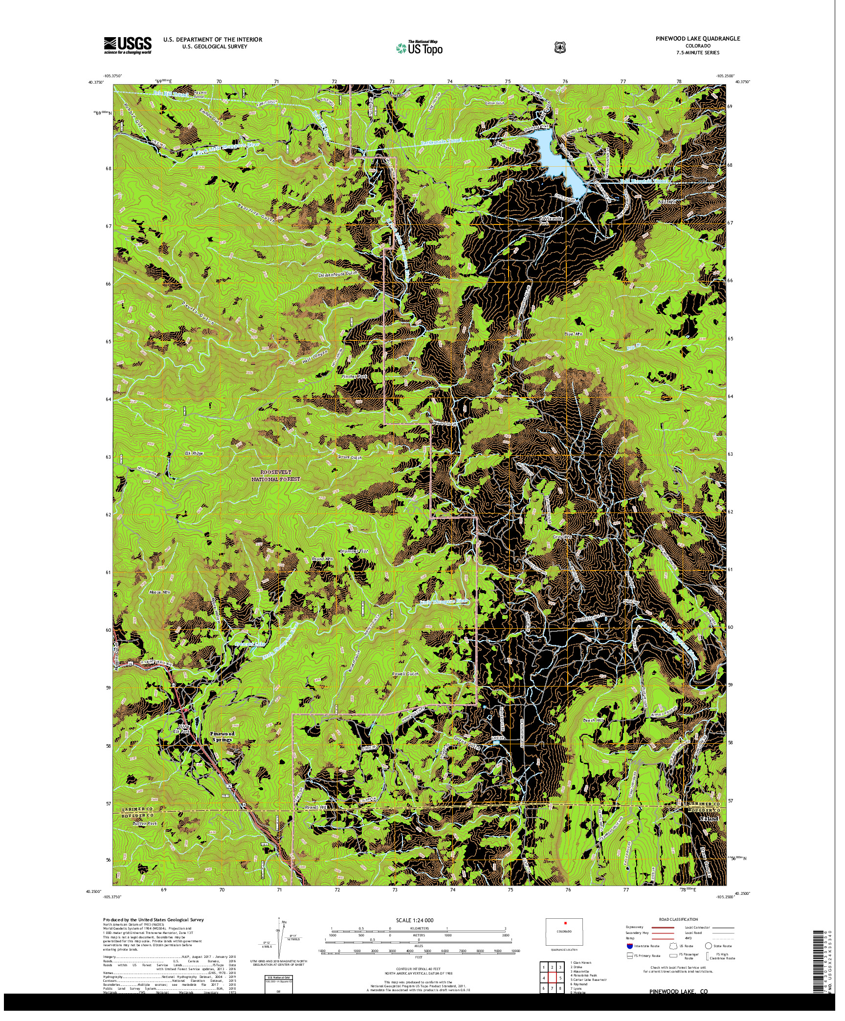 USGS US TOPO 7.5-MINUTE MAP FOR PINEWOOD LAKE, CO 2019