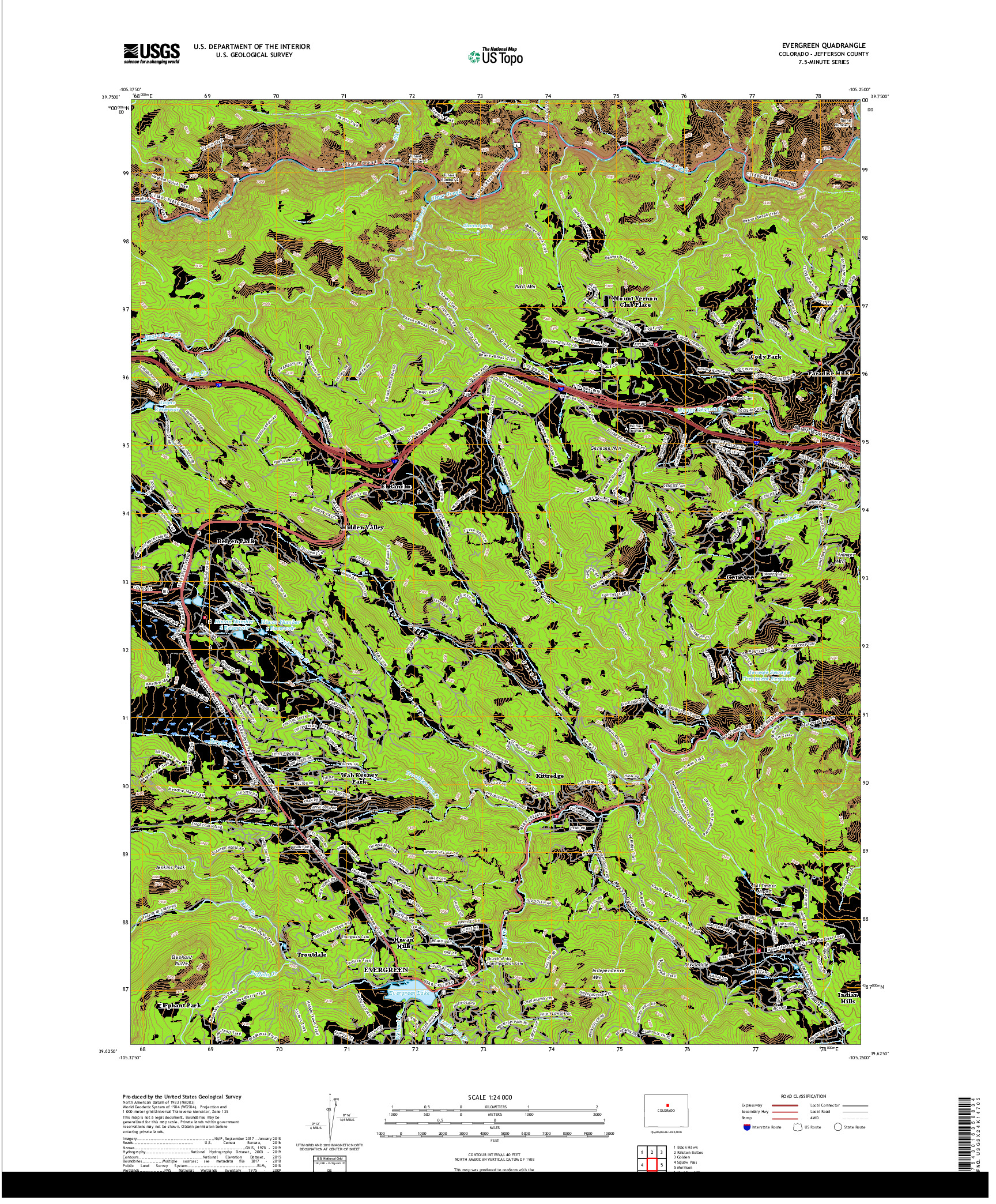 USGS US TOPO 7.5-MINUTE MAP FOR EVERGREEN, CO 2019