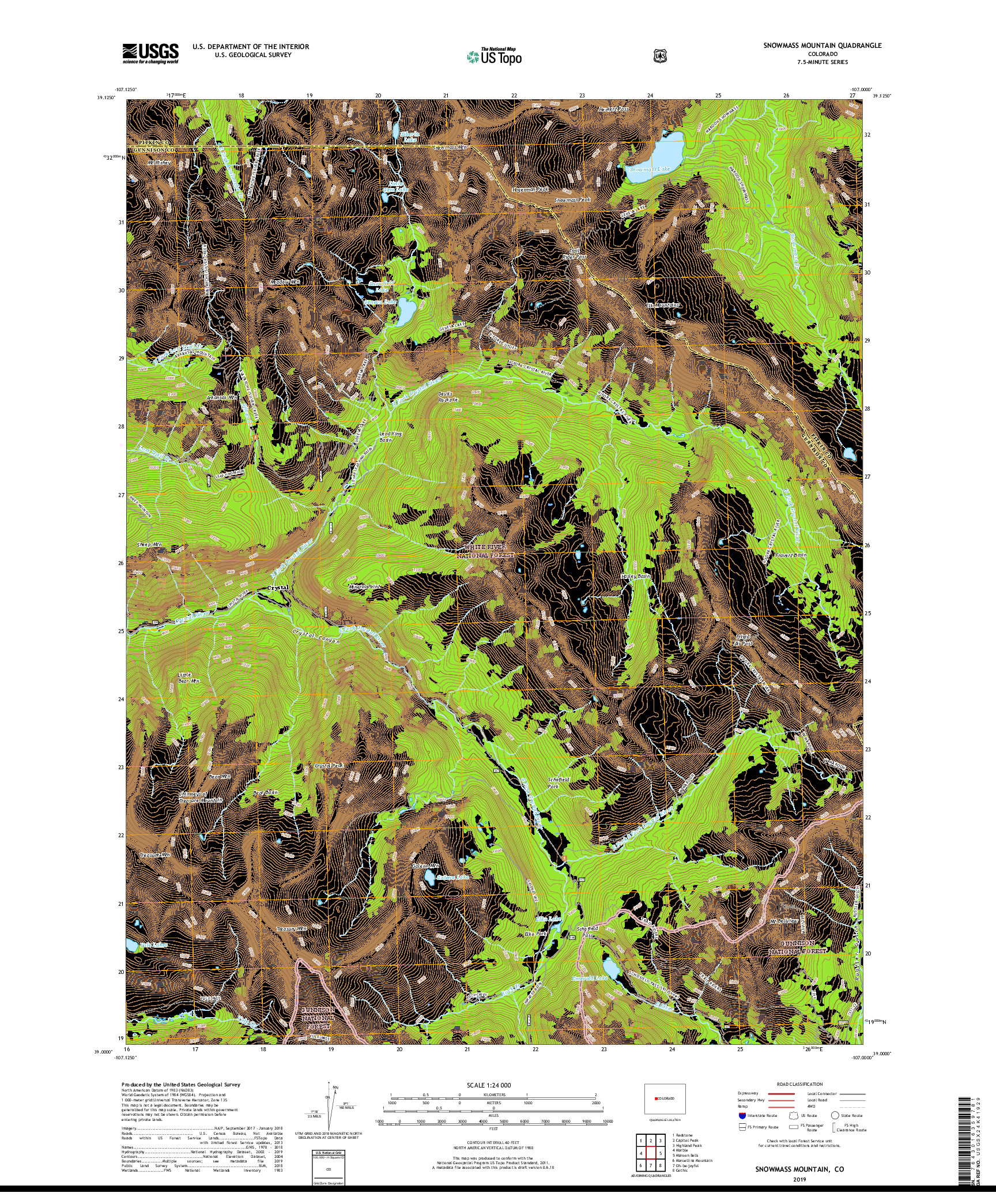 USGS US TOPO 7.5-MINUTE MAP FOR SNOWMASS MOUNTAIN, CO 2019