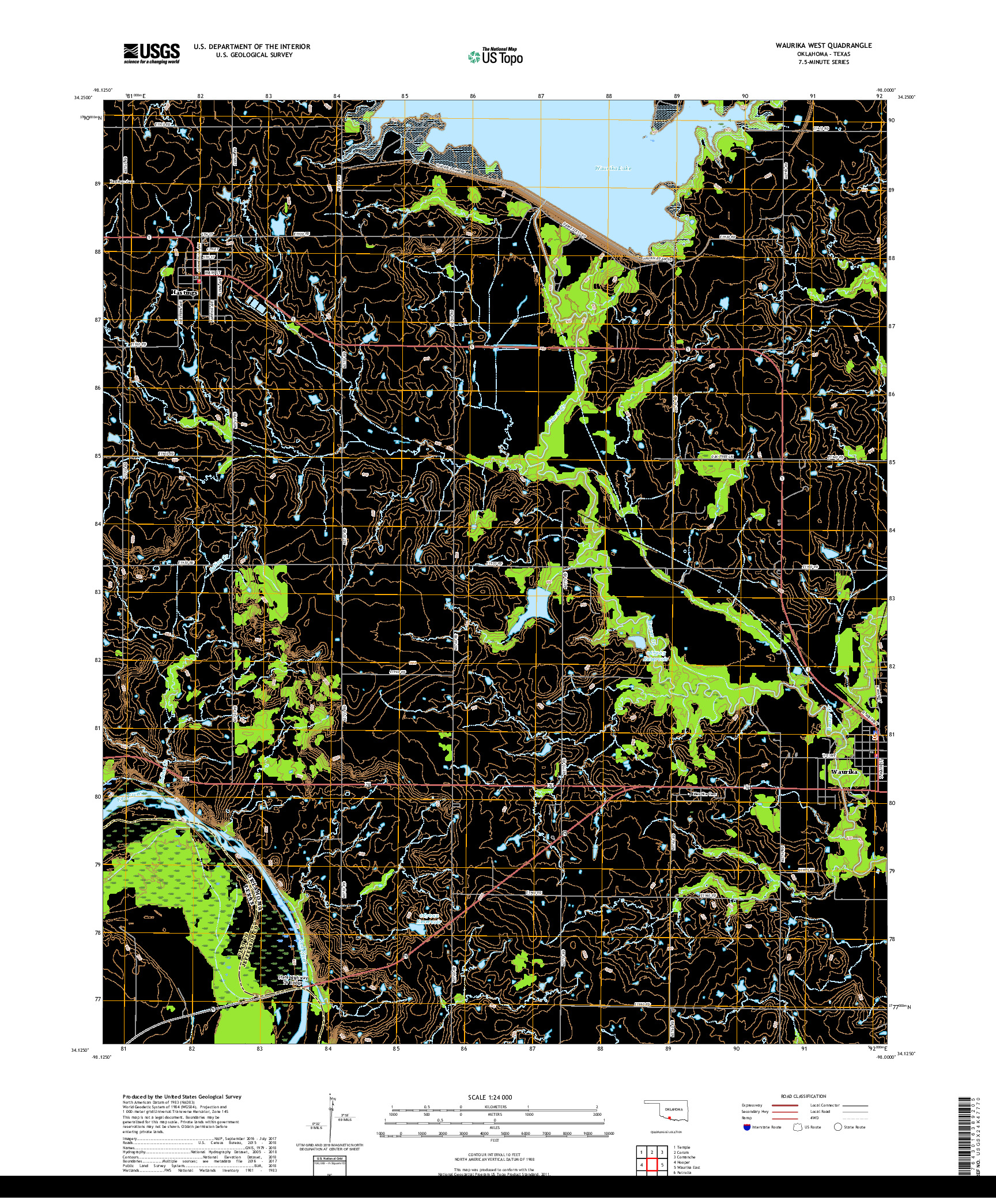 USGS US TOPO 7.5-MINUTE MAP FOR WAURIKA WEST, OK,TX 2019