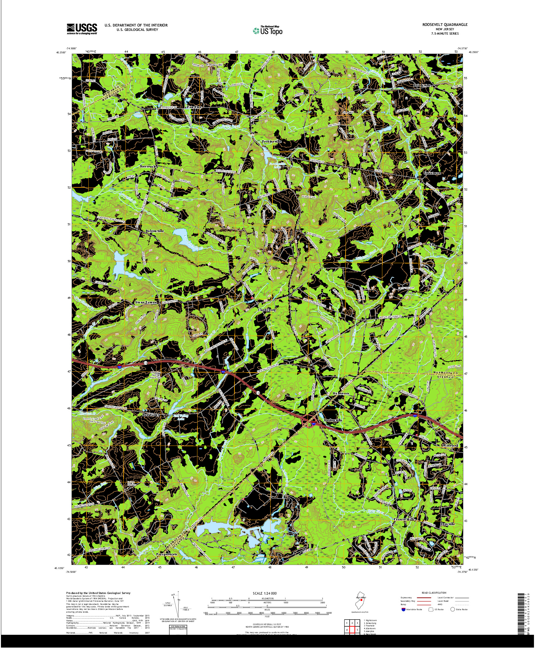 USGS US TOPO 7.5-MINUTE MAP FOR ROOSEVELT, NJ 2019