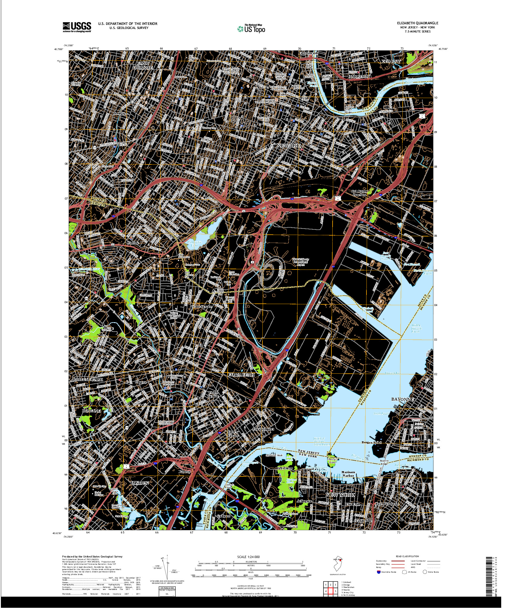 USGS US TOPO 7.5-MINUTE MAP FOR ELIZABETH, NJ,NY 2019