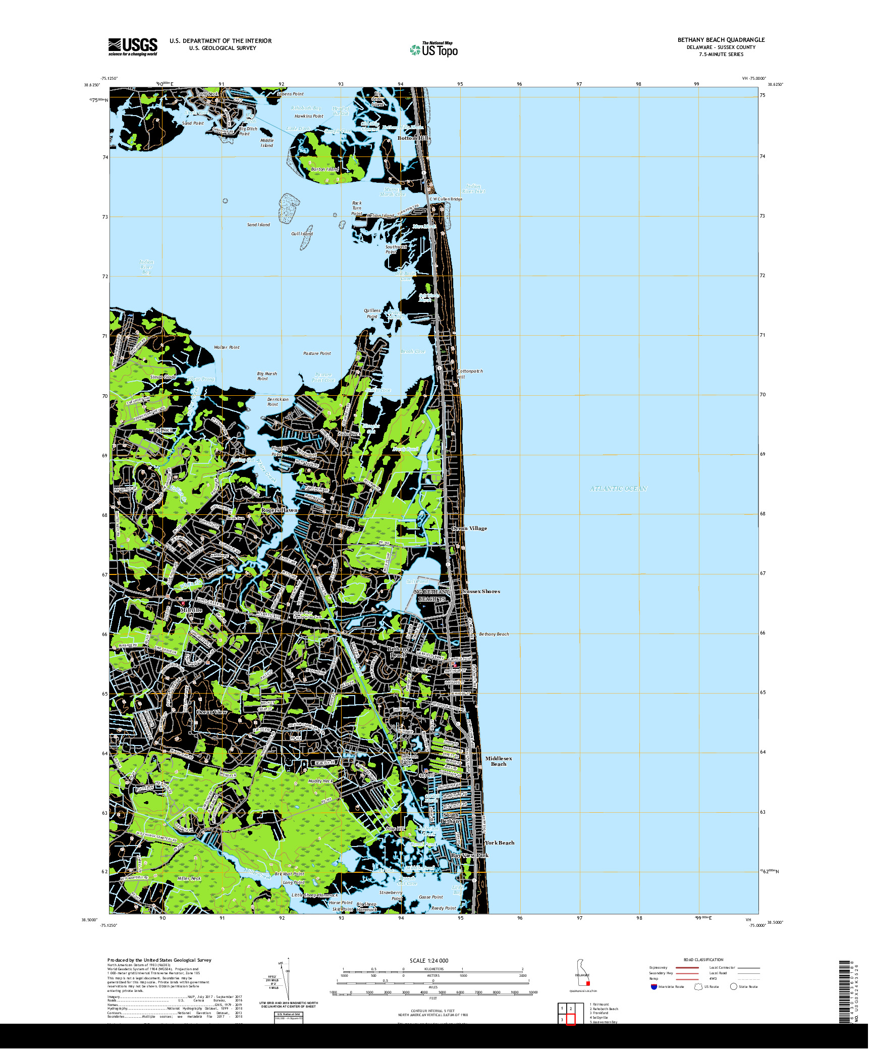 USGS US TOPO 7.5-MINUTE MAP FOR BETHANY BEACH, DE 2019