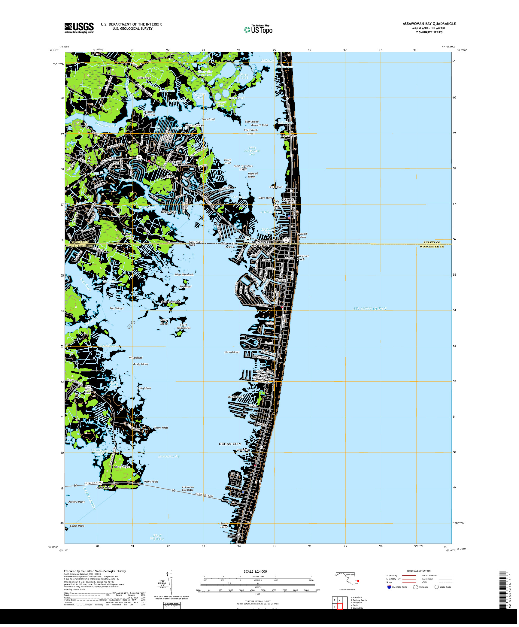 USGS US TOPO 7.5-MINUTE MAP FOR ASSAWOMAN BAY, MD,DE 2019