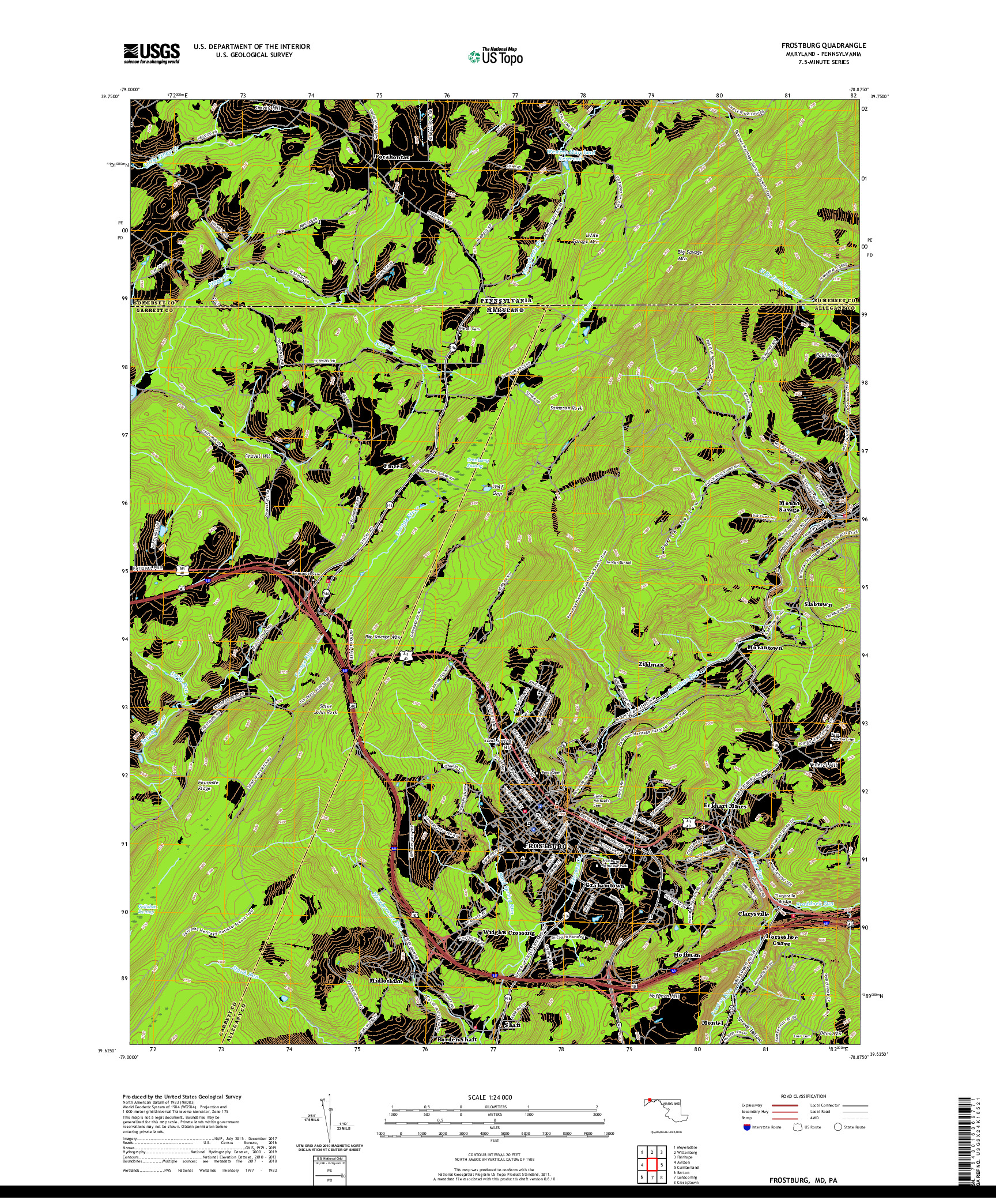 USGS US TOPO 7.5-MINUTE MAP FOR FROSTBURG, MD,PA 2019
