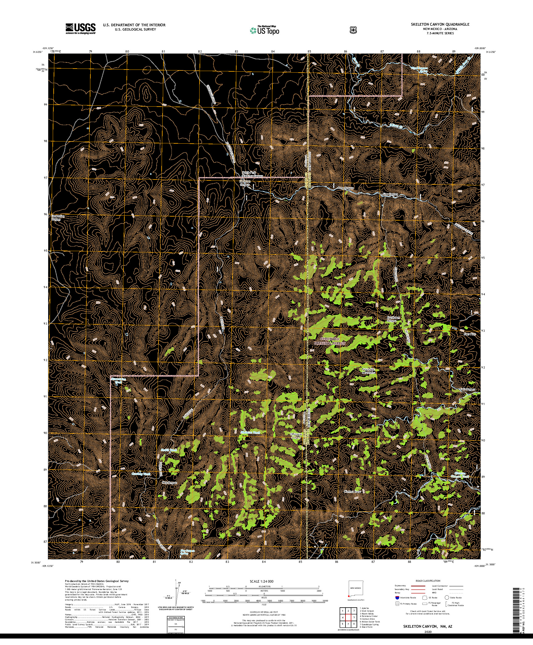 USGS US TOPO 7.5-MINUTE MAP FOR SKELETON CANYON, NM,AZ 2020