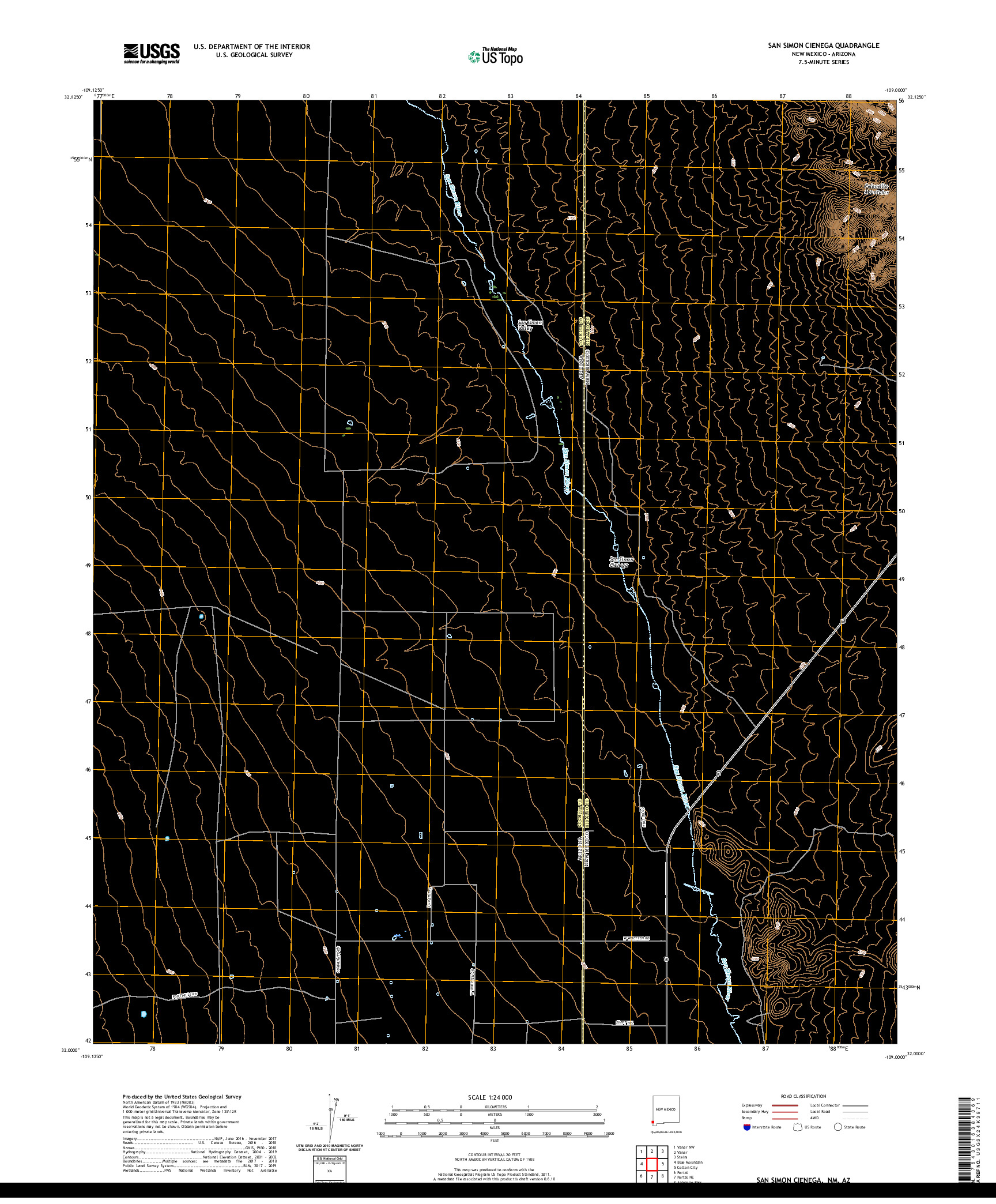 USGS US TOPO 7.5-MINUTE MAP FOR SAN SIMON CIENEGA, NM,AZ 2020