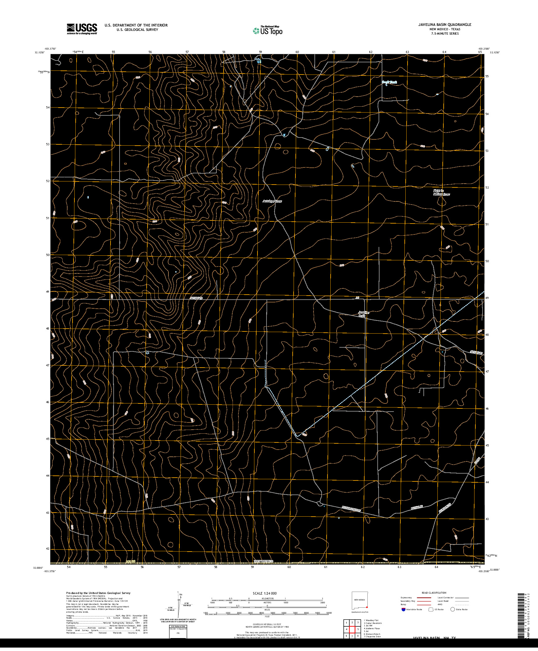 USGS US TOPO 7.5-MINUTE MAP FOR JAVELINA BASIN, NM,TX 2020