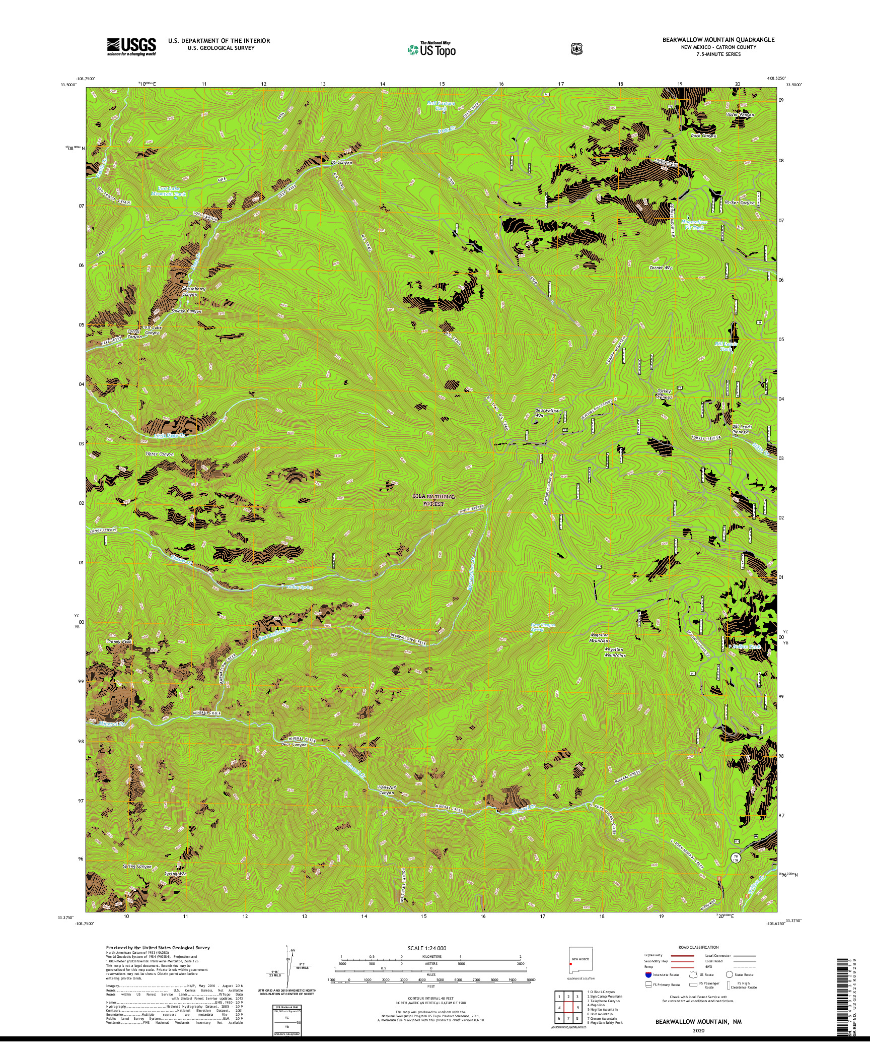 USGS US TOPO 7.5-MINUTE MAP FOR BEARWALLOW MOUNTAIN, NM 2020