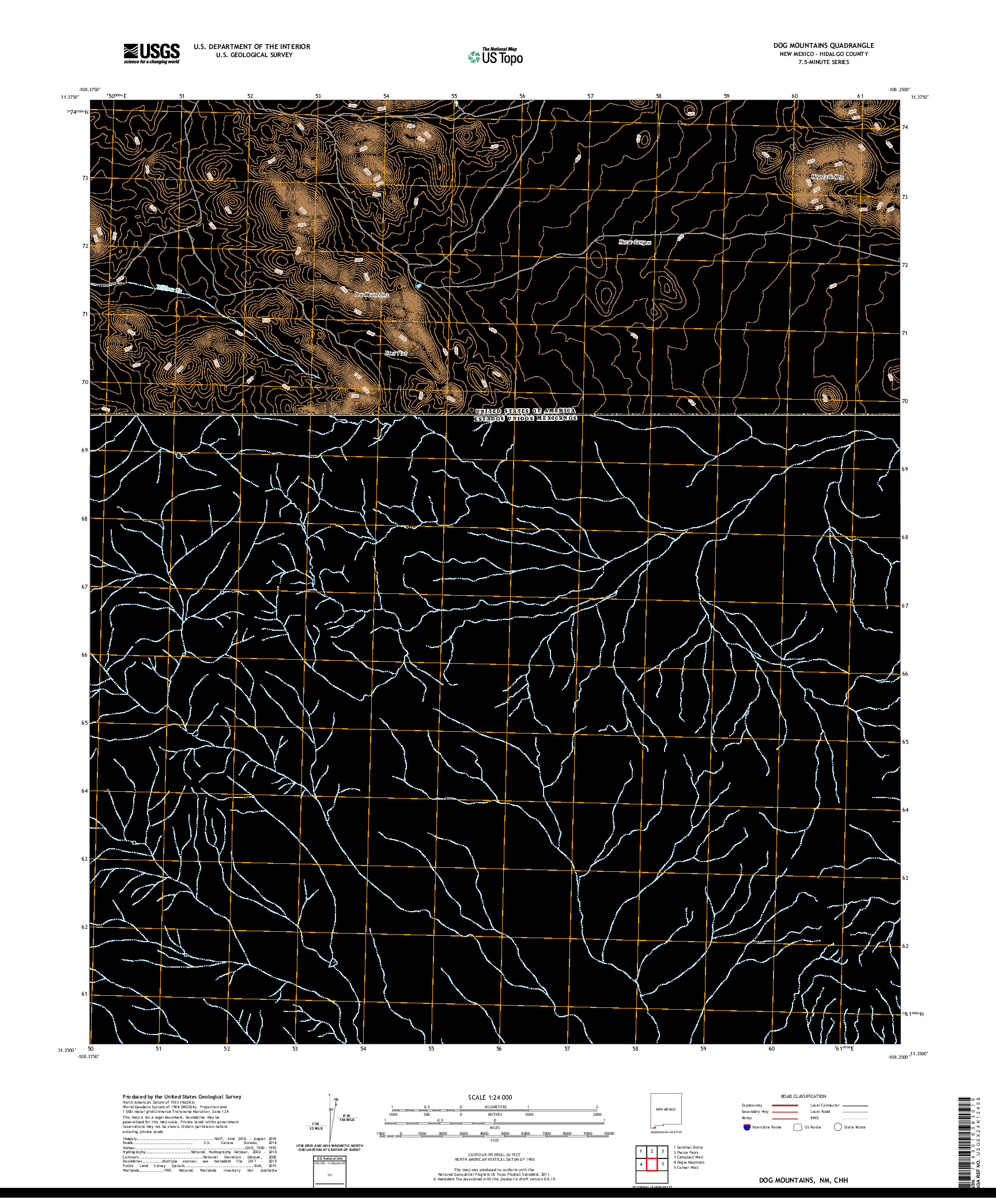 USGS US TOPO 7.5-MINUTE MAP FOR DOG MOUNTAINS, NM,CHH 2020