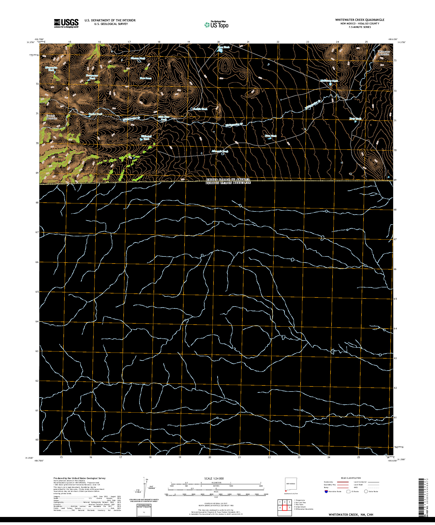 USGS US TOPO 7.5-MINUTE MAP FOR WHITEWATER CREEK, NM,CHH 2020