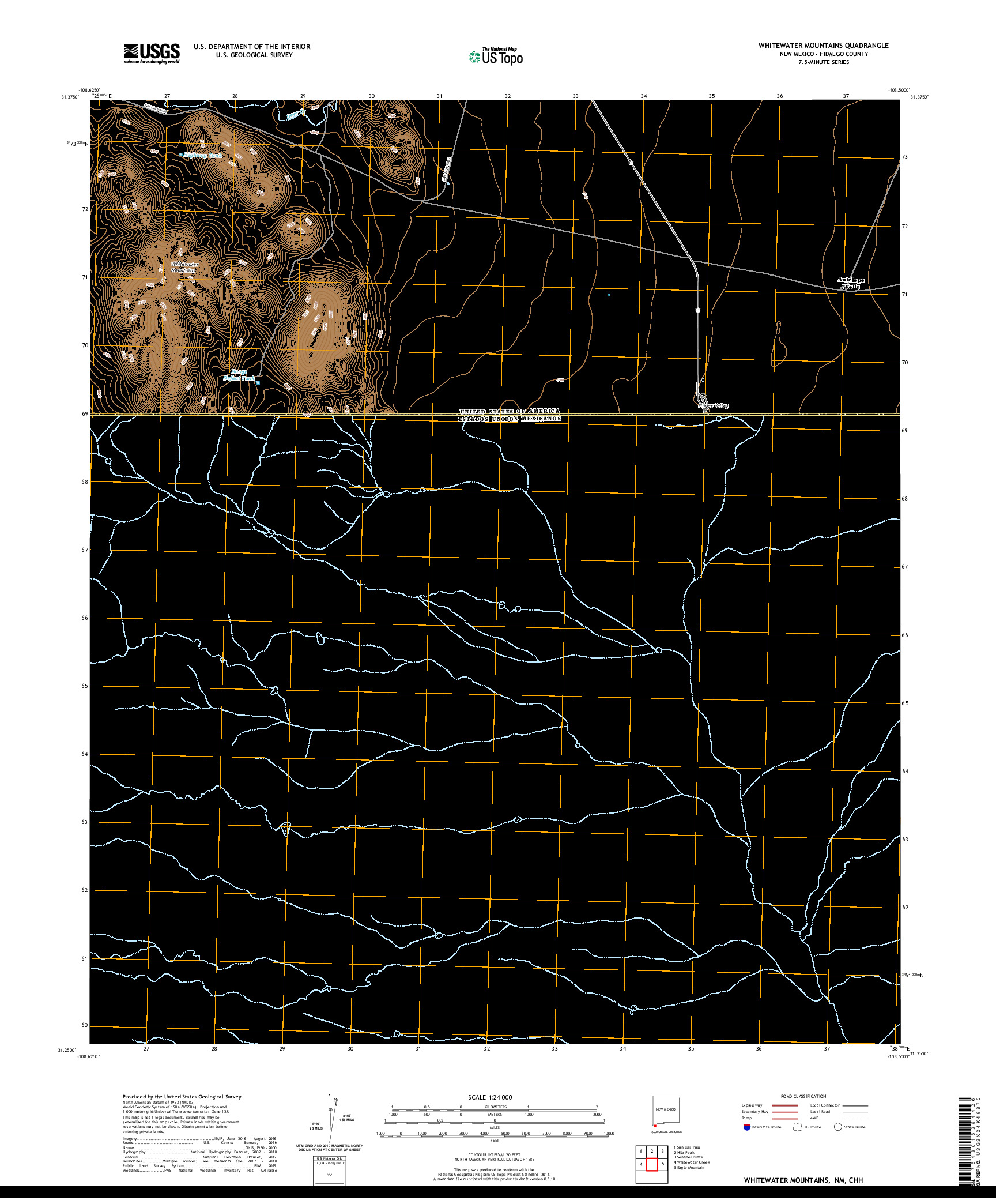 USGS US TOPO 7.5-MINUTE MAP FOR WHITEWATER MOUNTAINS, NM,CHH 2020