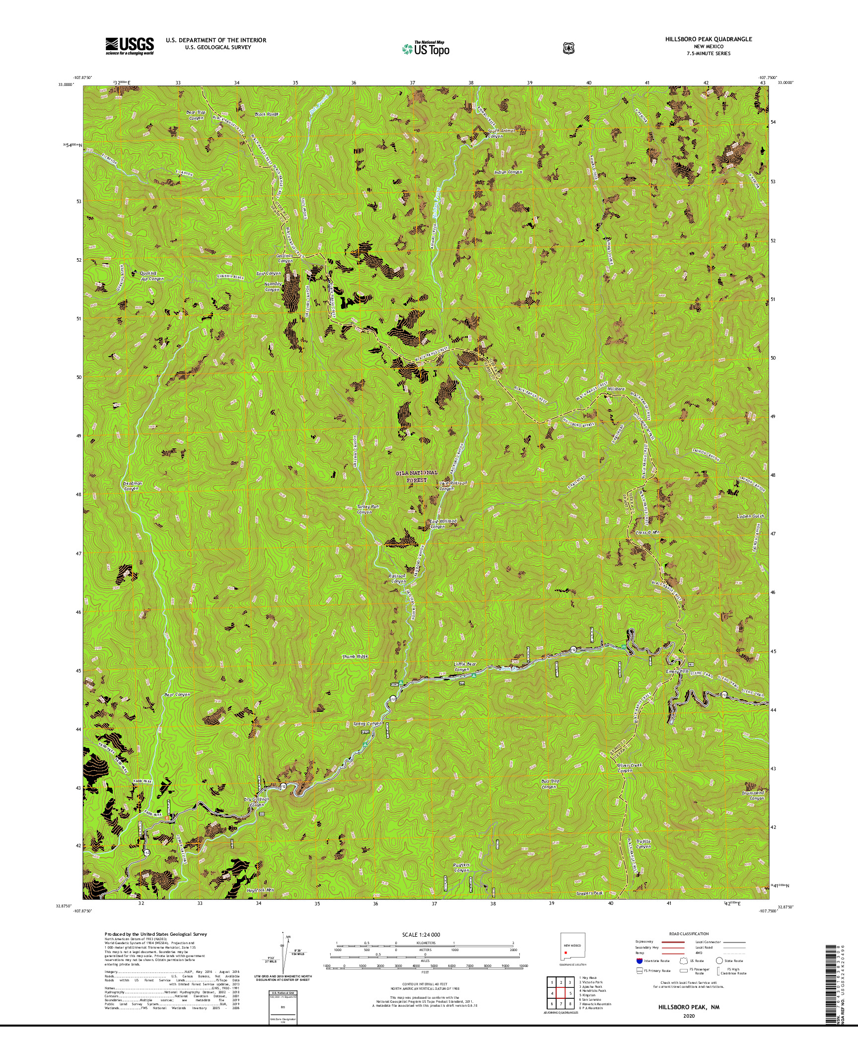 USGS US TOPO 7.5-MINUTE MAP FOR HILLSBORO PEAK, NM 2020