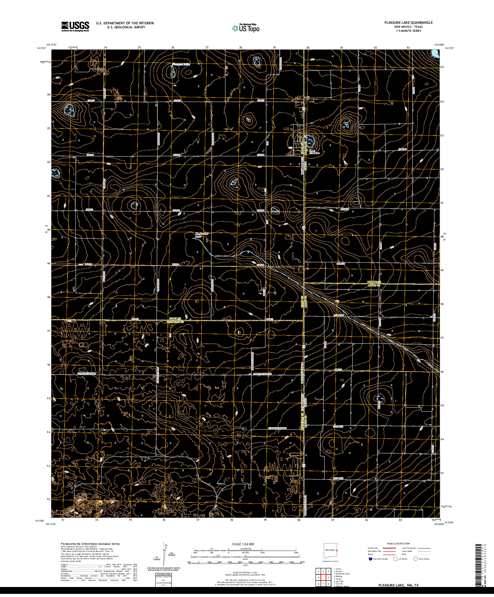 USGS US TOPO 7.5-MINUTE MAP FOR PLEASURE LAKE, NM,TX 2020