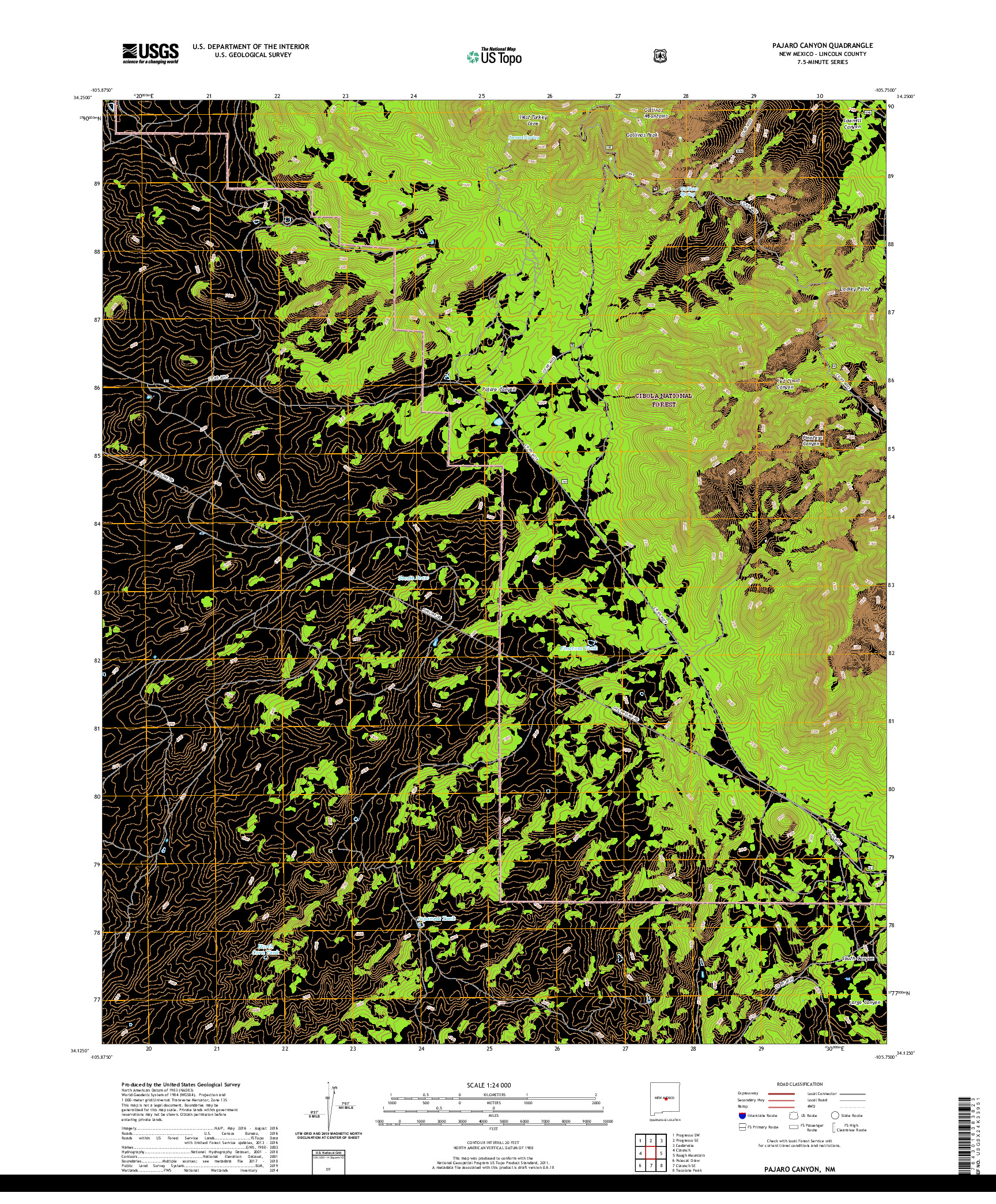 USGS US TOPO 7.5-MINUTE MAP FOR PAJARO CANYON, NM 2020