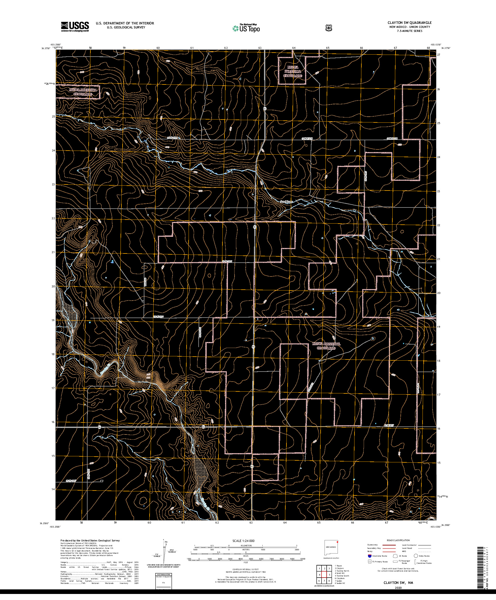 USGS US TOPO 7.5-MINUTE MAP FOR CLAYTON SW, NM 2020