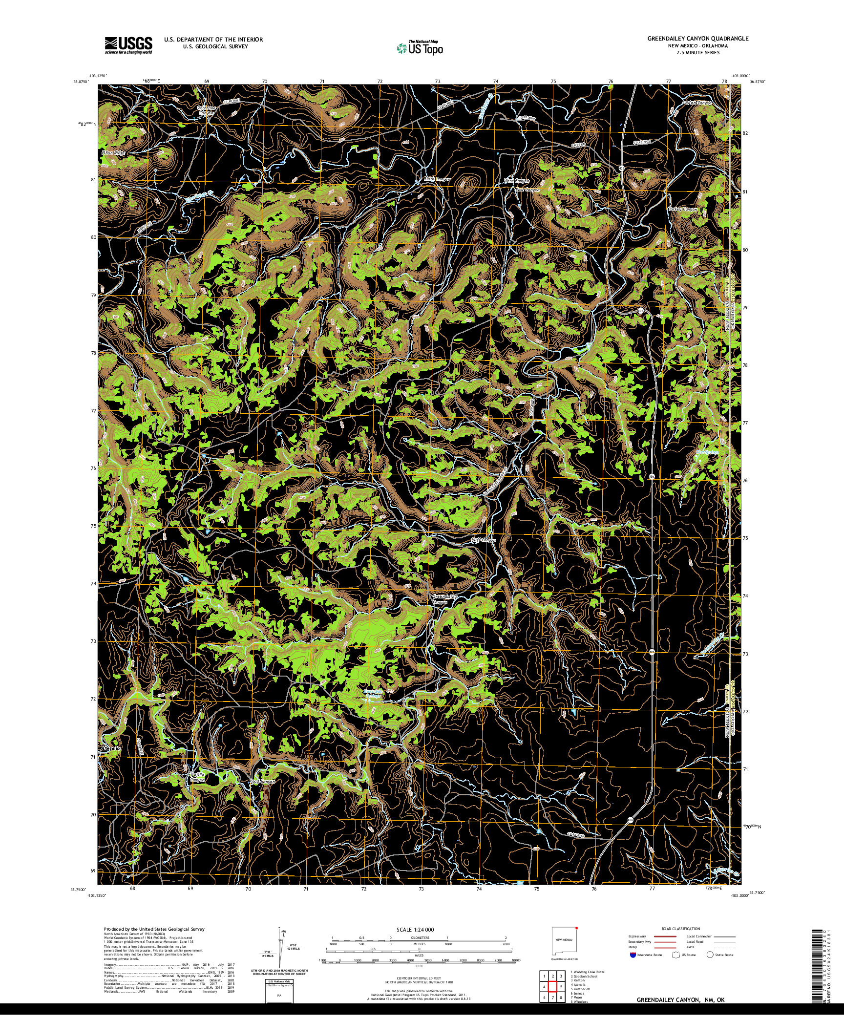 USGS US TOPO 7.5-MINUTE MAP FOR GREENDAILEY CANYON, NM,OK 2020