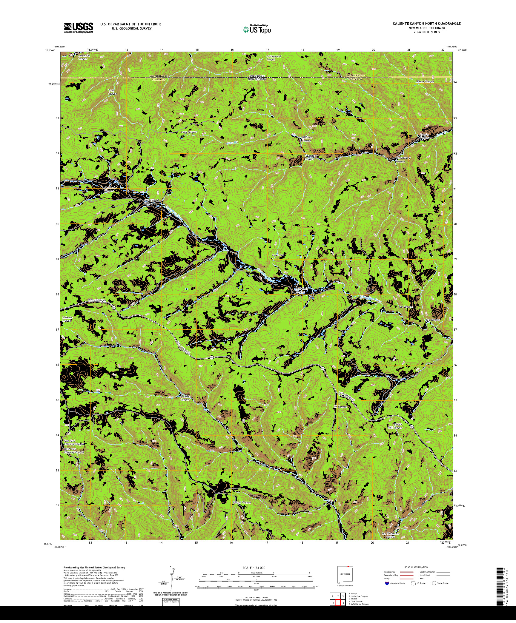 USGS US TOPO 7.5-MINUTE MAP FOR CALIENTE CANYON NORTH, NM,CO 2020