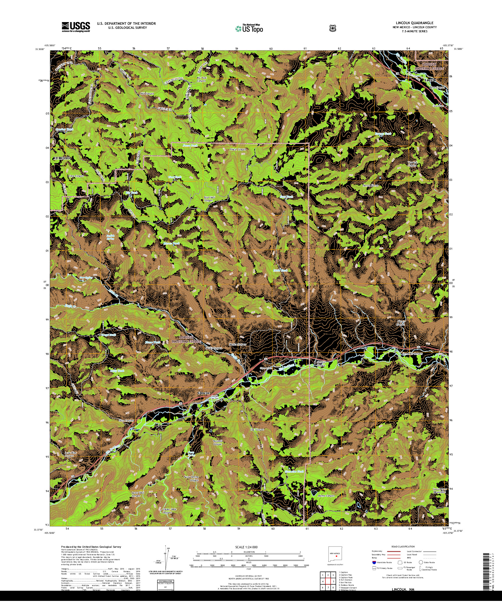 USGS US TOPO 7.5-MINUTE MAP FOR LINCOLN, NM 2020