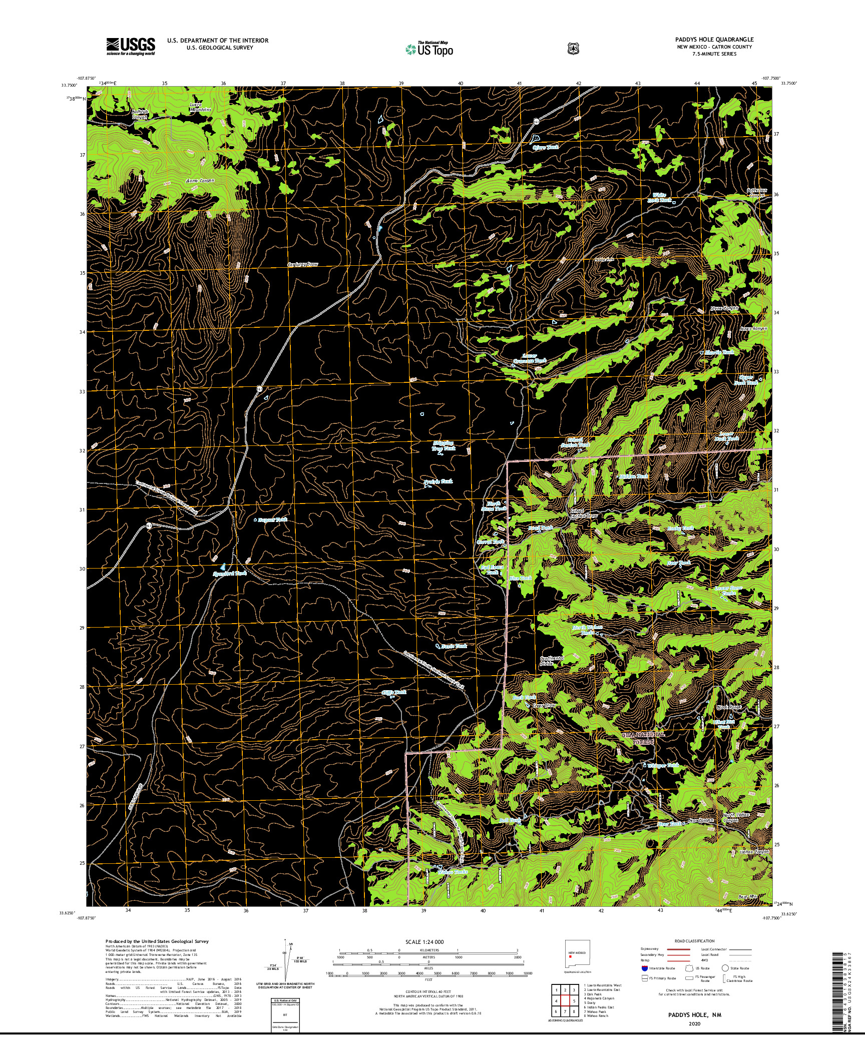 USGS US TOPO 7.5-MINUTE MAP FOR PADDYS HOLE, NM 2020