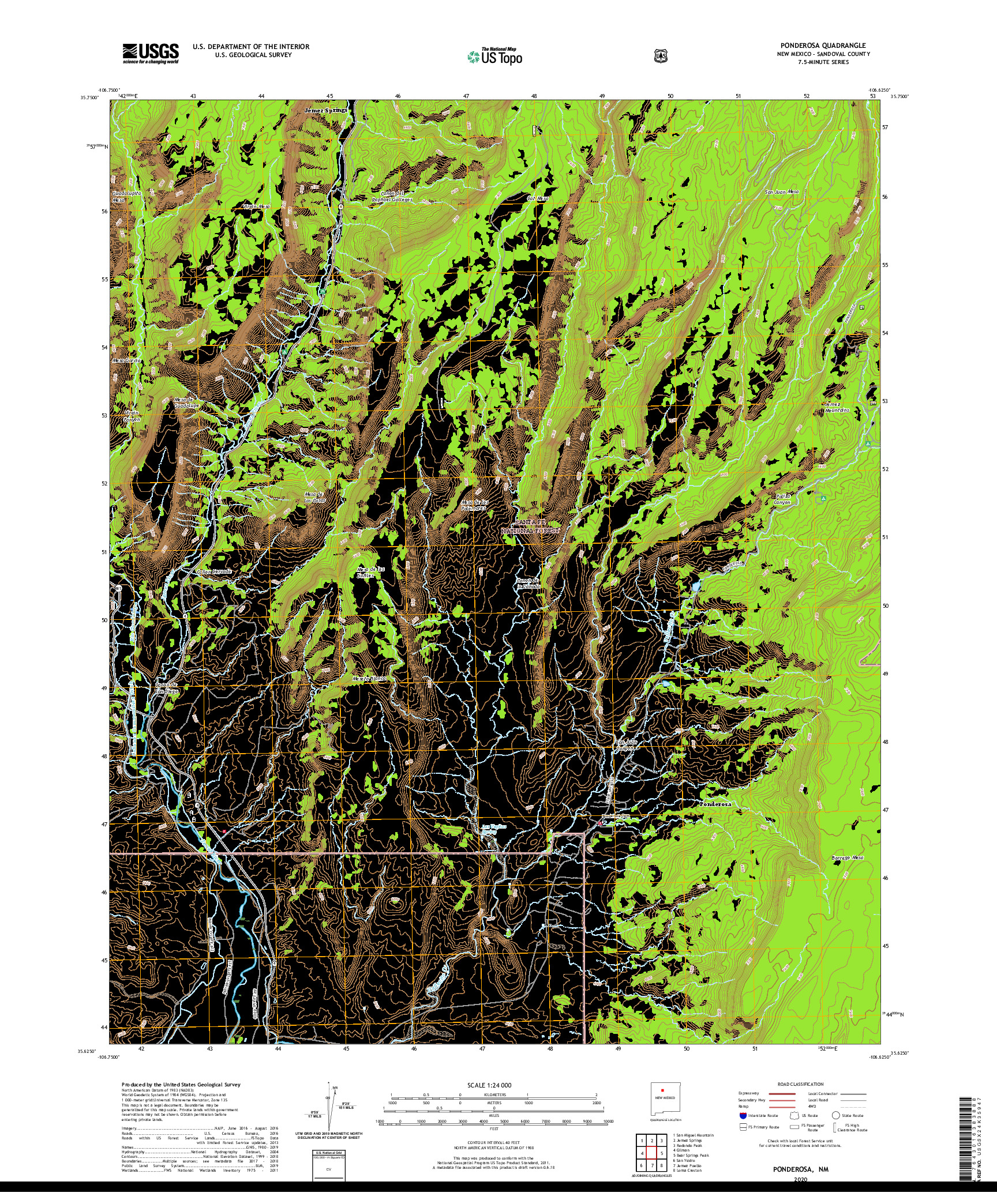 USGS US TOPO 7.5-MINUTE MAP FOR PONDEROSA, NM 2020