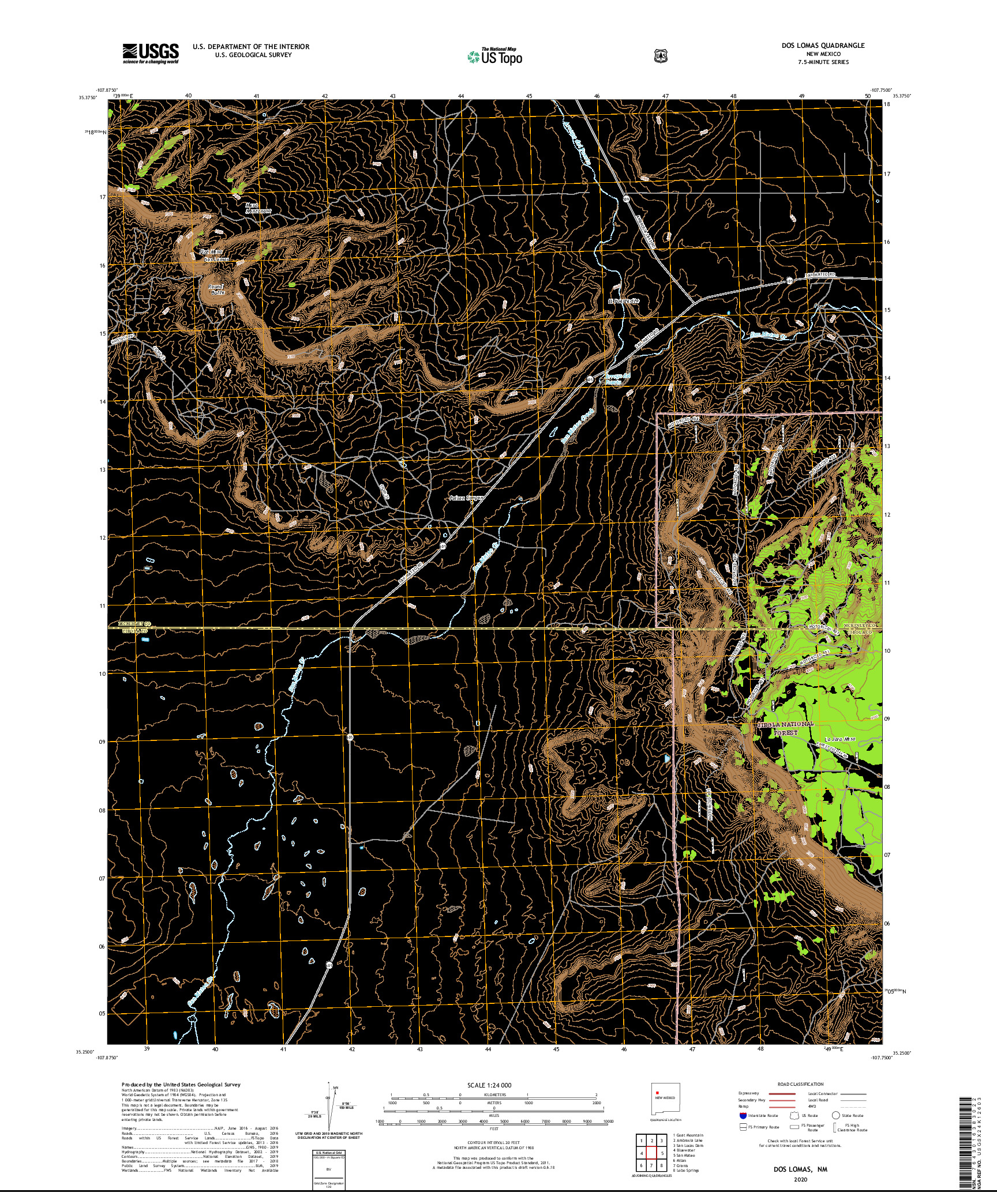 USGS US TOPO 7.5-MINUTE MAP FOR DOS LOMAS, NM 2020