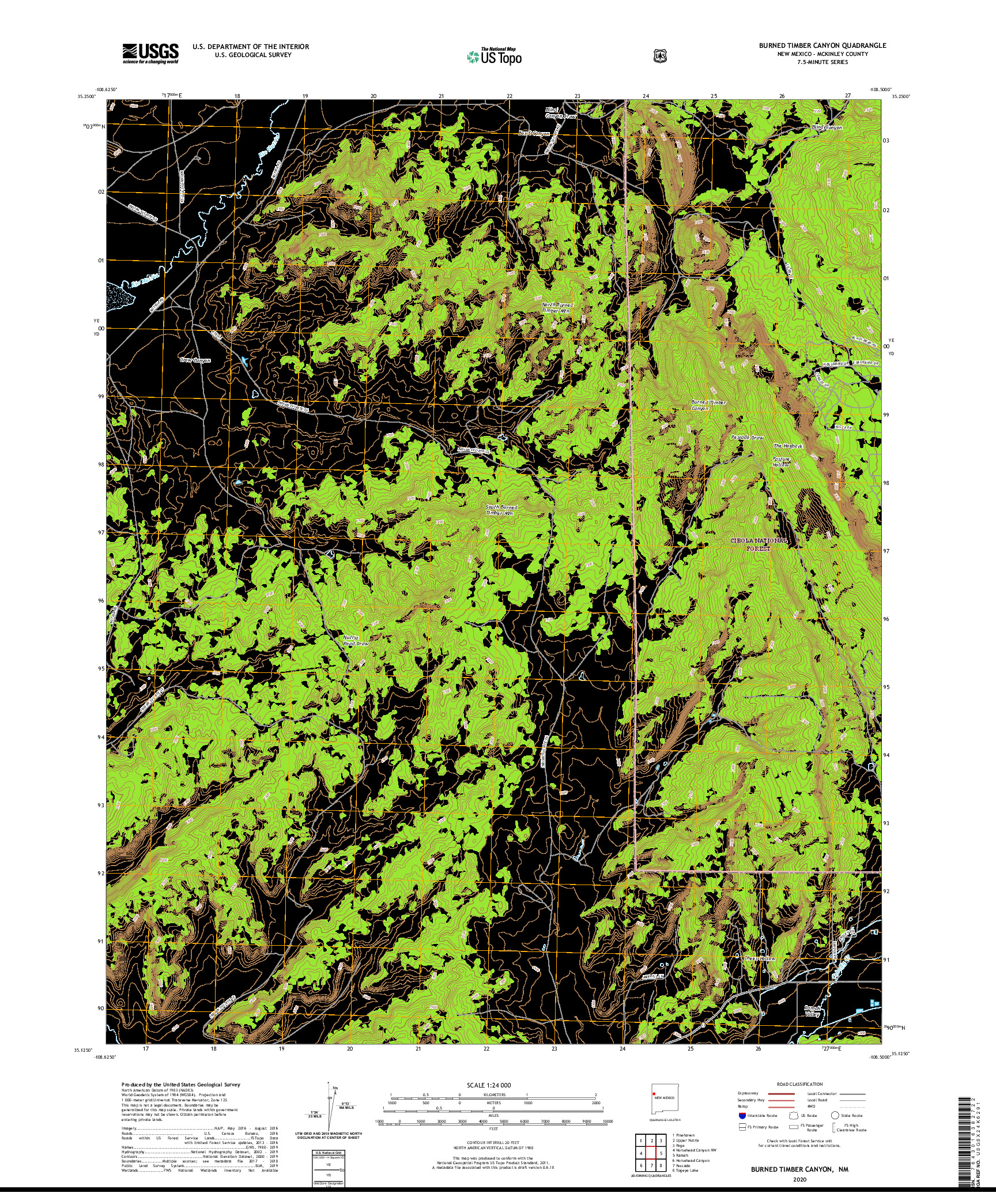 USGS US TOPO 7.5-MINUTE MAP FOR BURNED TIMBER CANYON, NM 2020