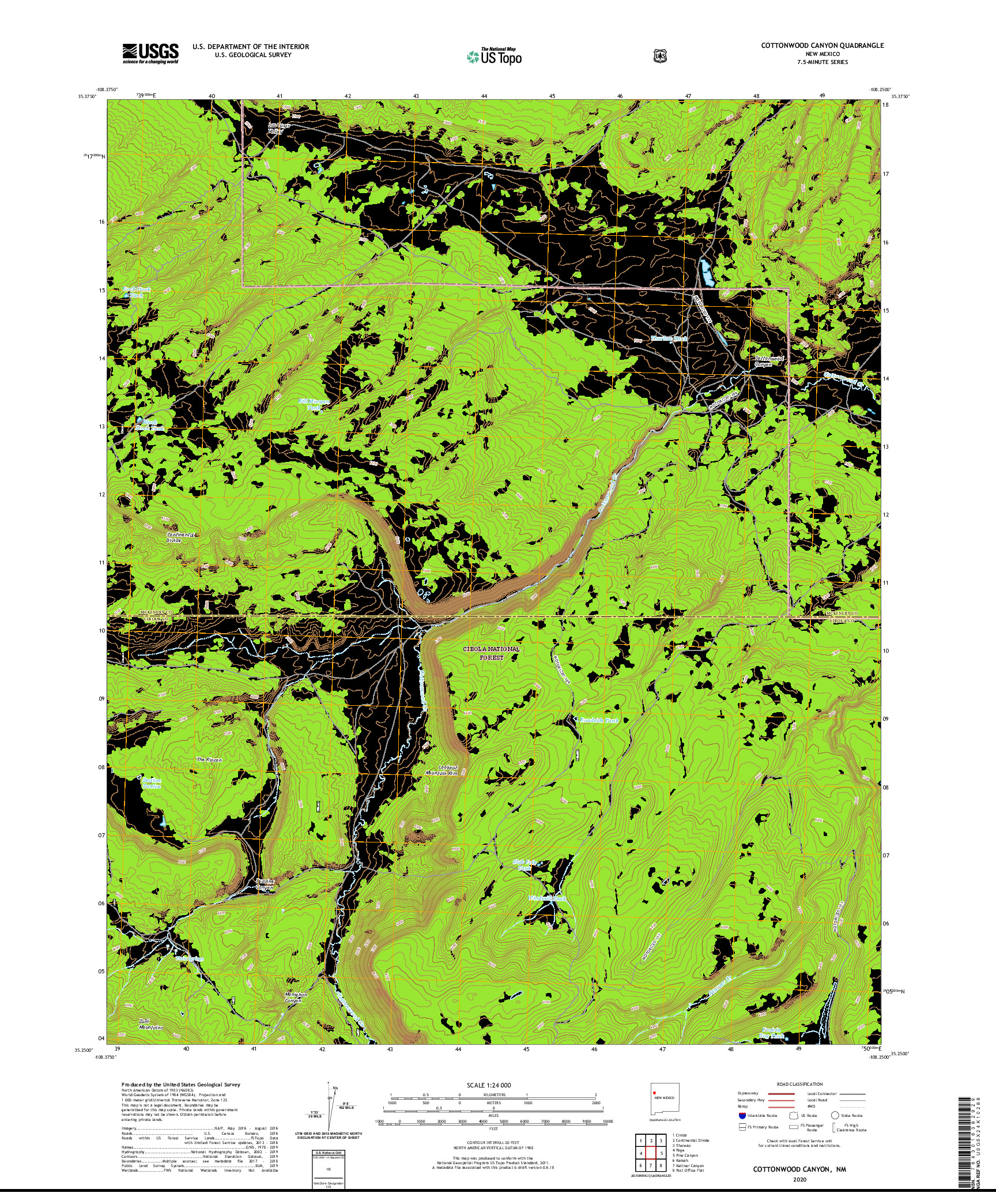 USGS US TOPO 7.5-MINUTE MAP FOR COTTONWOOD CANYON, NM 2020