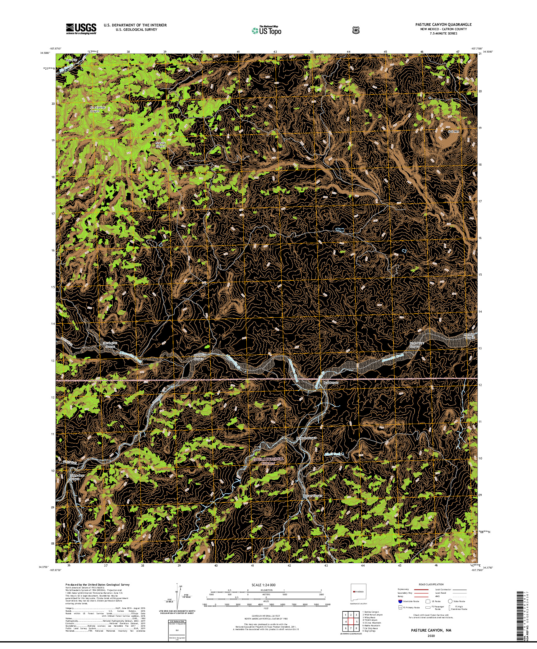 USGS US TOPO 7.5-MINUTE MAP FOR PASTURE CANYON, NM 2020