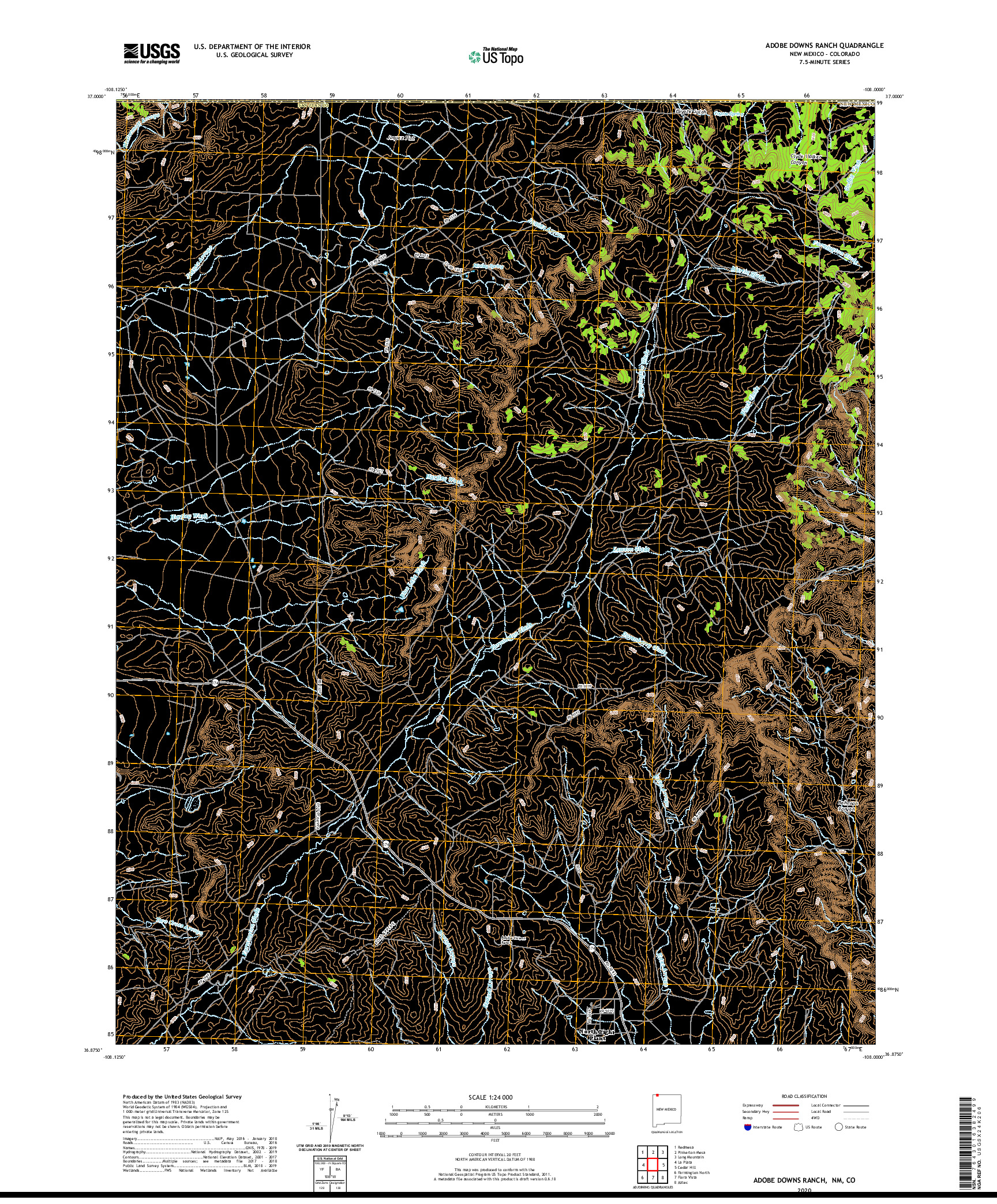 USGS US TOPO 7.5-MINUTE MAP FOR ADOBE DOWNS RANCH, NM,CO 2020