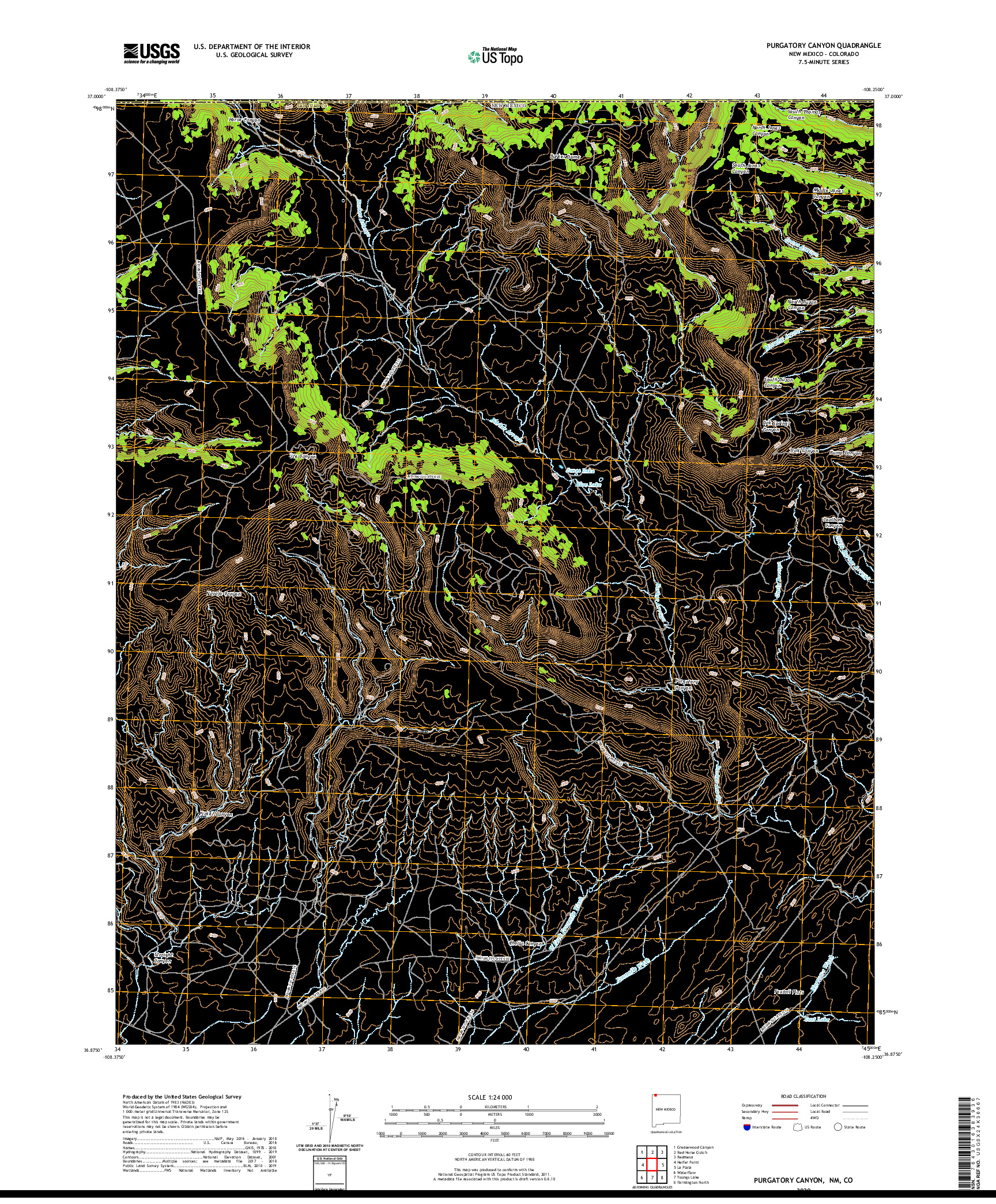 USGS US TOPO 7.5-MINUTE MAP FOR PURGATORY CANYON, NM,CO 2020