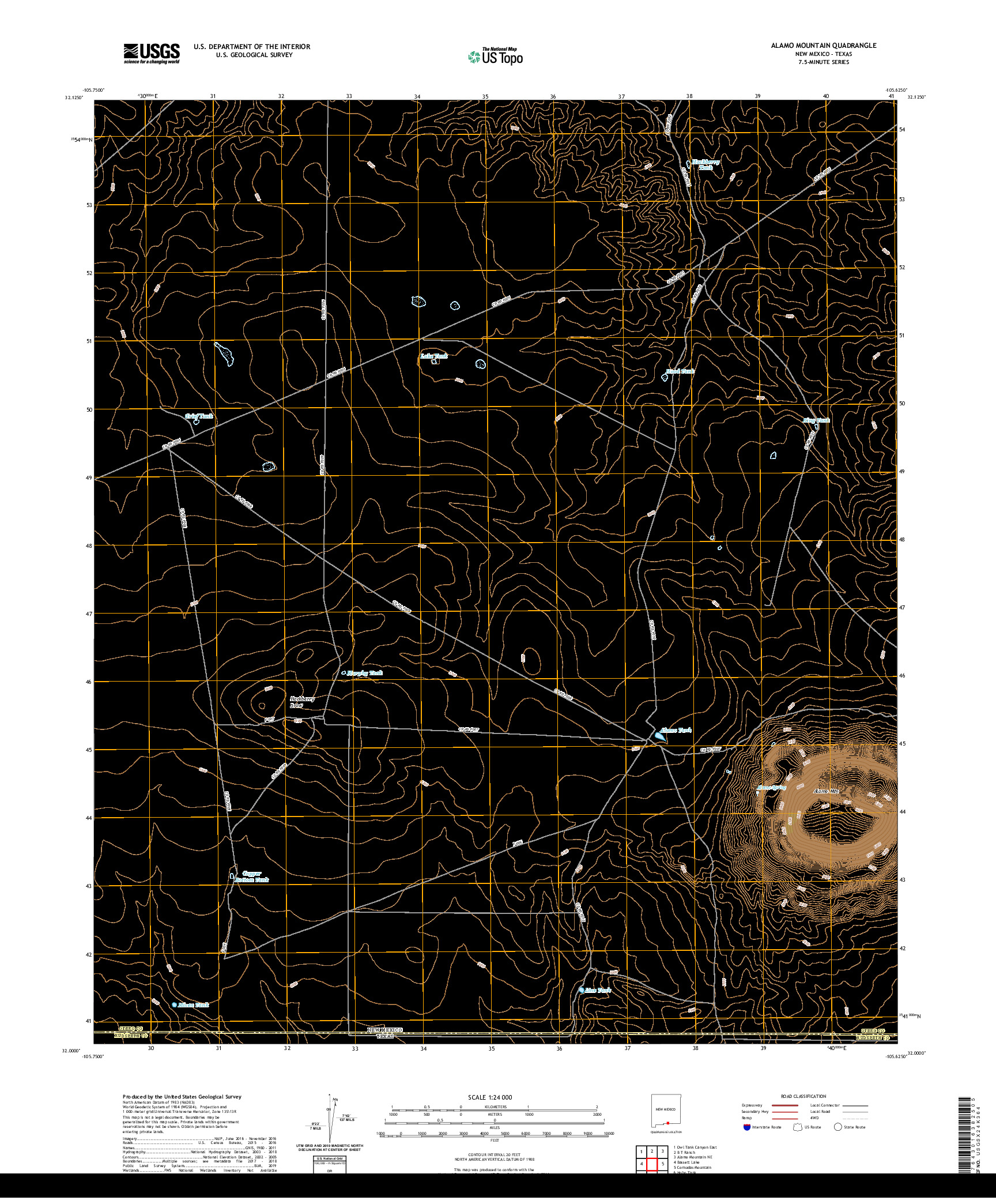 USGS US TOPO 7.5-MINUTE MAP FOR ALAMO MOUNTAIN, NM,TX 2020