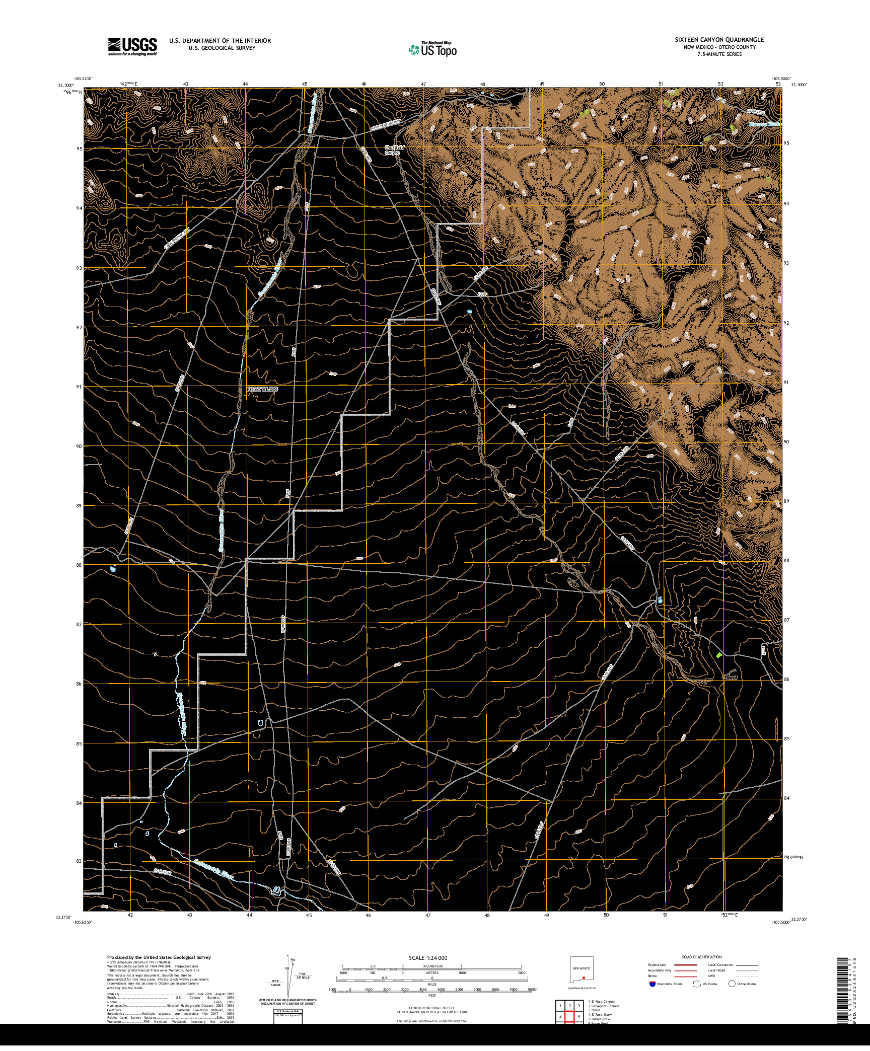 USGS US TOPO 7.5-MINUTE MAP FOR SIXTEEN CANYON, NM 2020