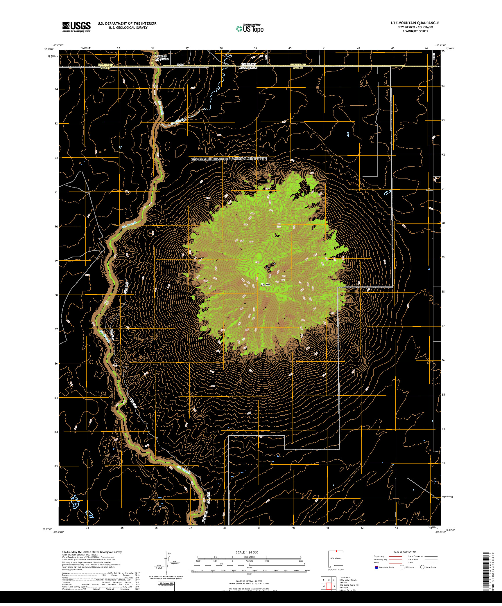 USGS US TOPO 7.5-MINUTE MAP FOR UTE MOUNTAIN, NM,CO 2020