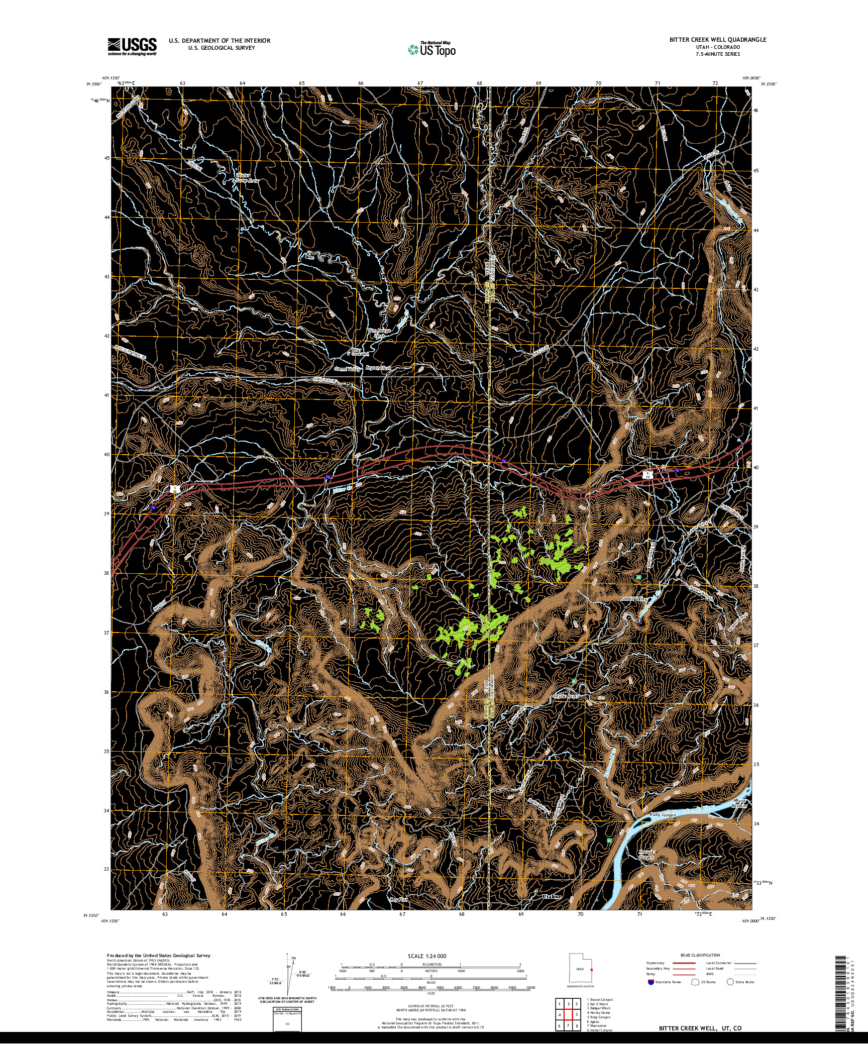 USGS US TOPO 7.5-MINUTE MAP FOR BITTER CREEK WELL, UT,CO 2020