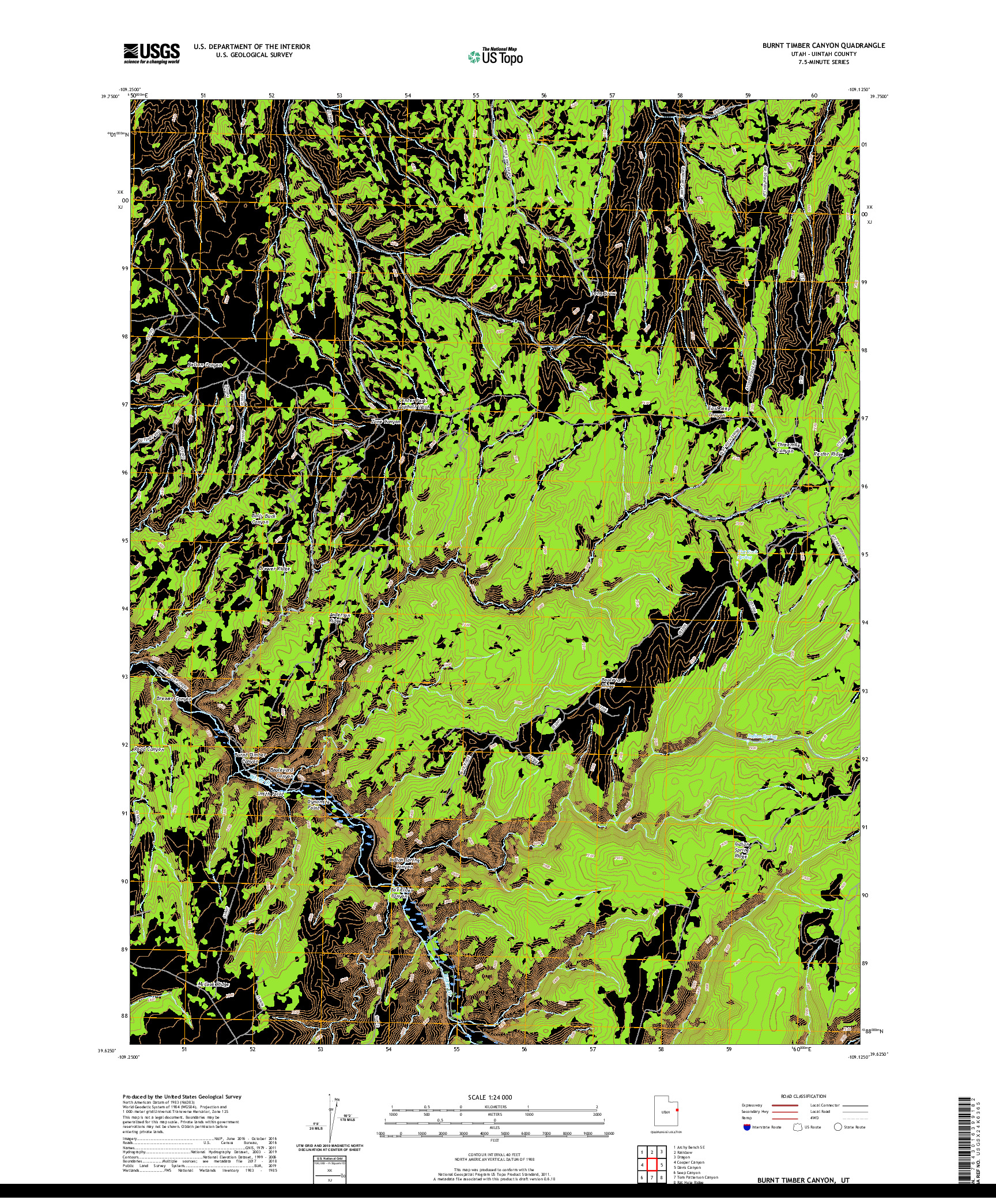 USGS US TOPO 7.5-MINUTE MAP FOR BURNT TIMBER CANYON, UT 2020