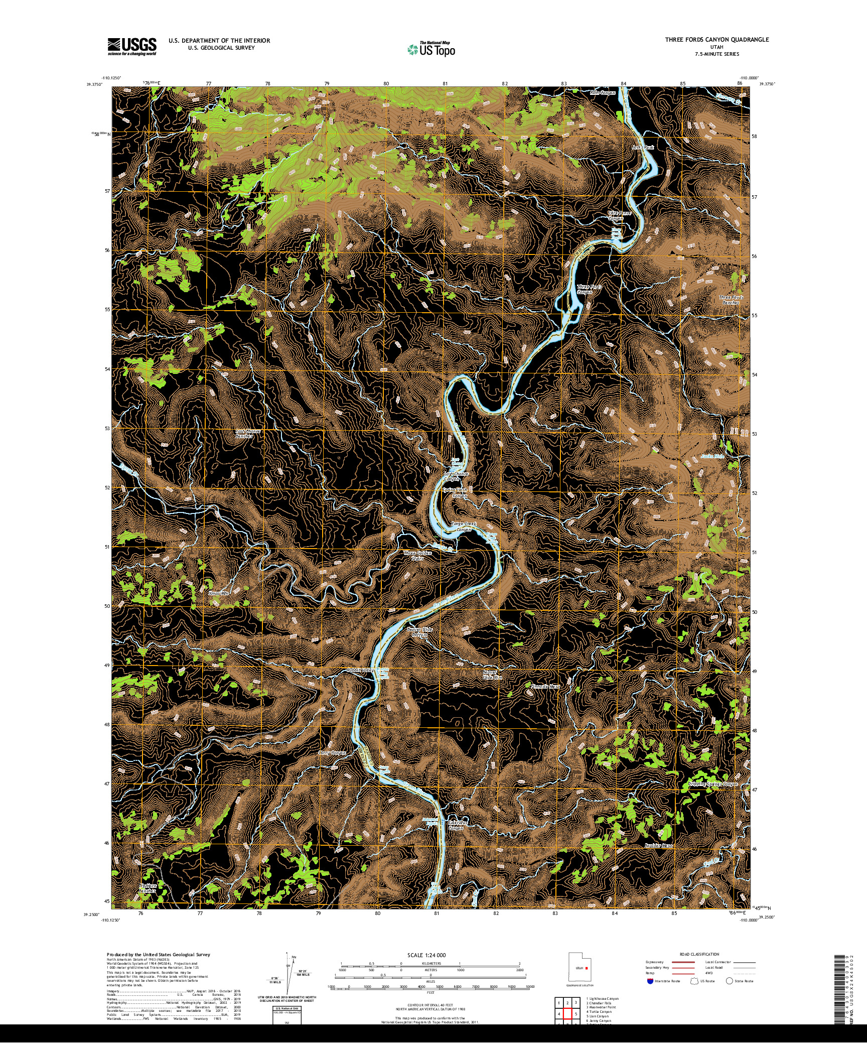 USGS US TOPO 7.5-MINUTE MAP FOR THREE FORDS CANYON, UT 2020