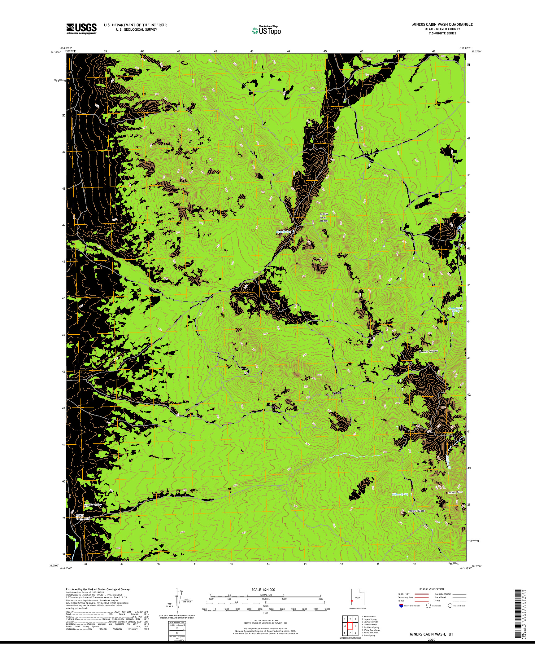 USGS US TOPO 7.5-MINUTE MAP FOR MINERS CABIN WASH, UT 2020