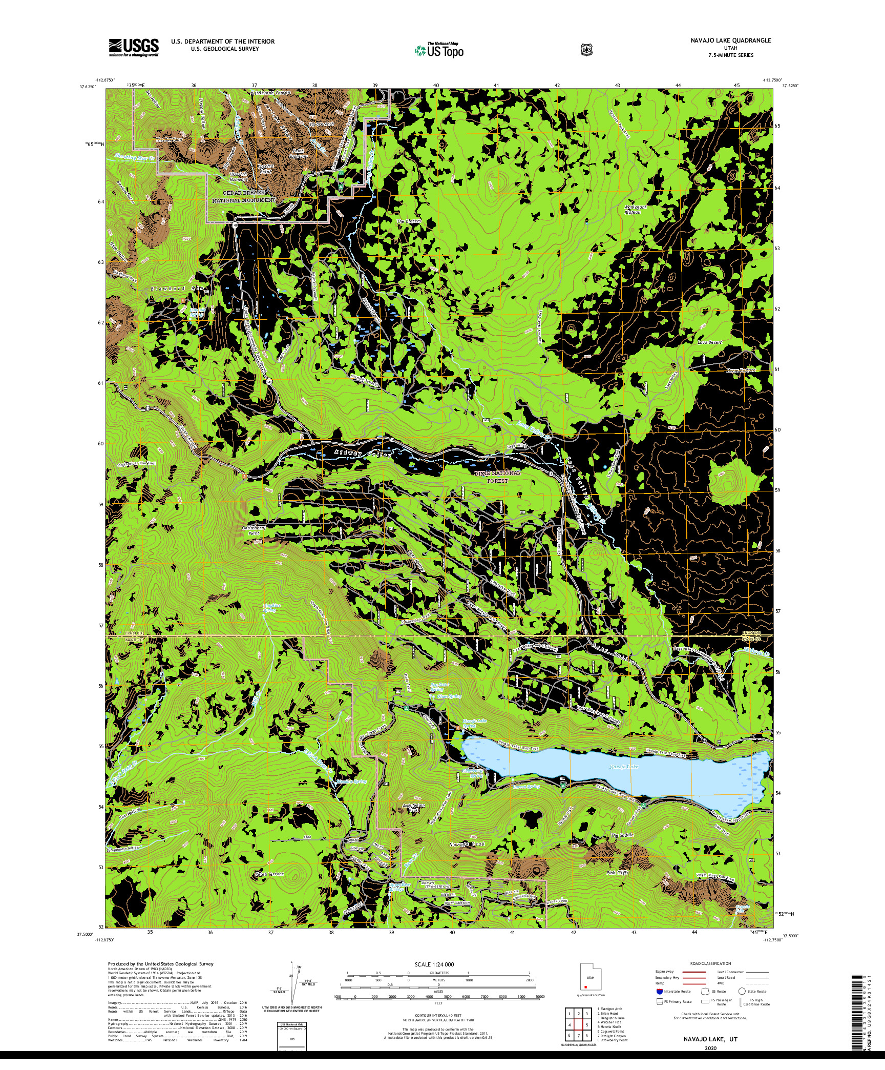 USGS US TOPO 7.5-MINUTE MAP FOR NAVAJO LAKE, UT 2020