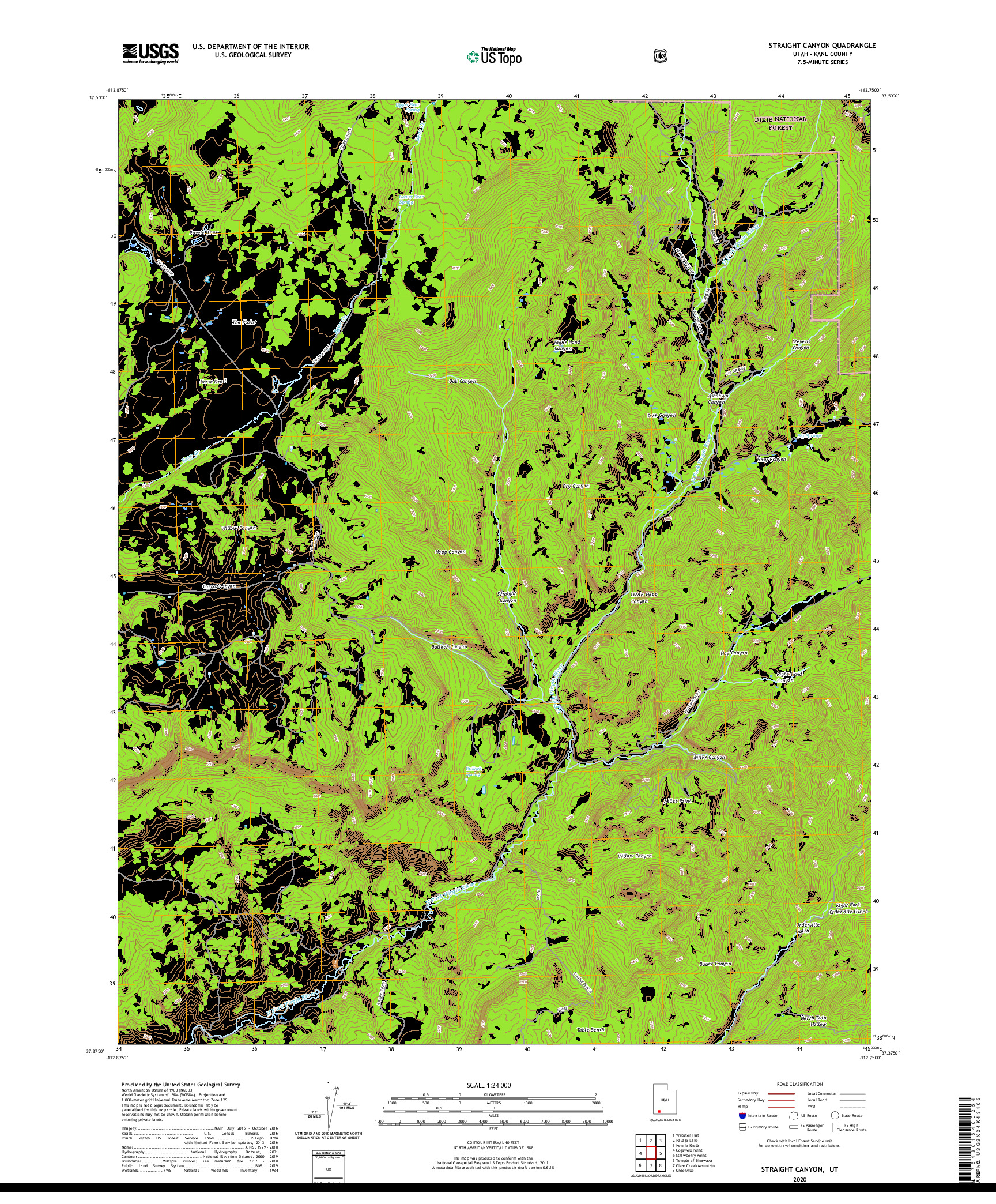 USGS US TOPO 7.5-MINUTE MAP FOR STRAIGHT CANYON, UT 2020