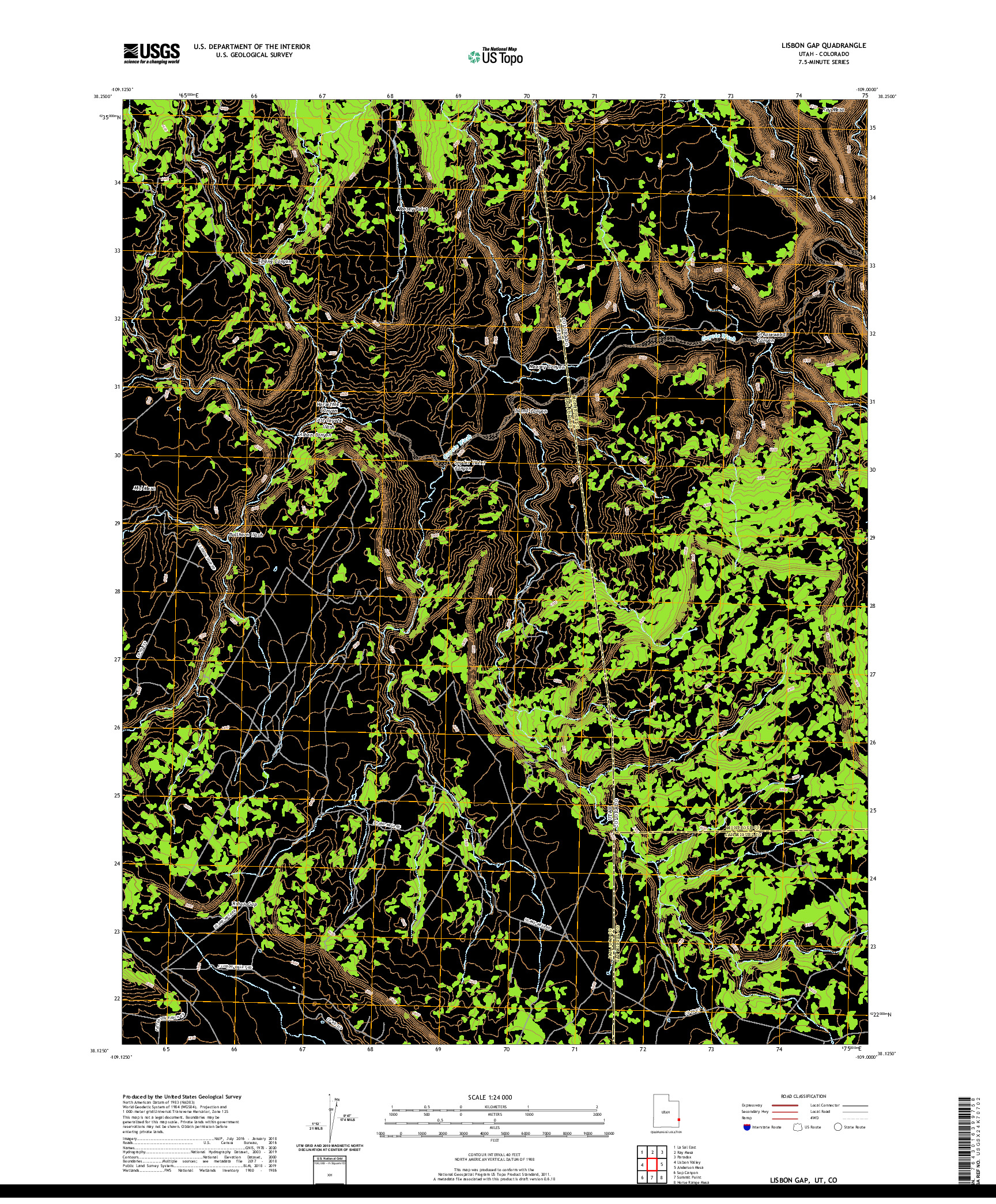 USGS US TOPO 7.5-MINUTE MAP FOR LISBON GAP, UT,CO 2020