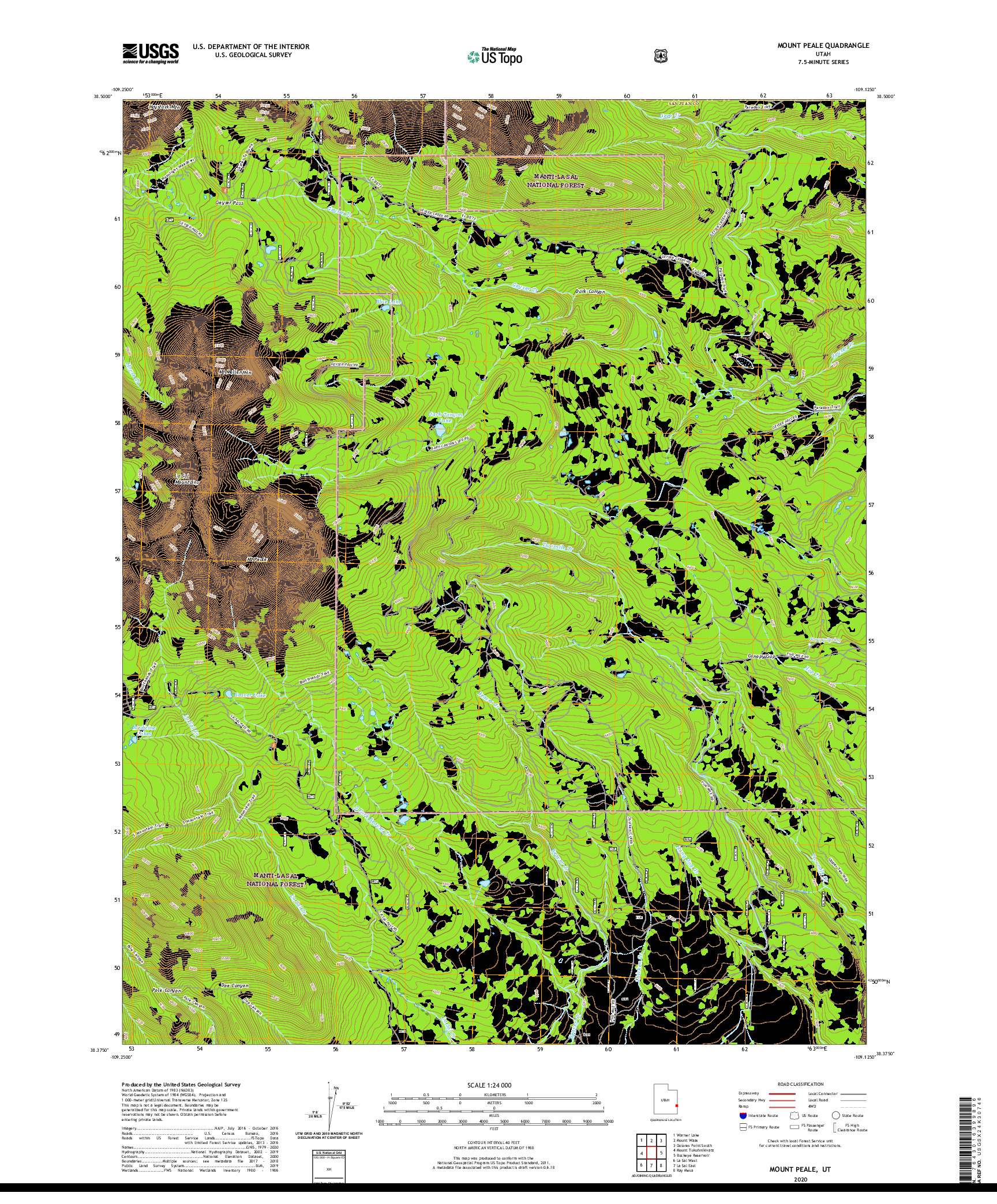 USGS US TOPO 7.5-MINUTE MAP FOR MOUNT PEALE, UT 2020