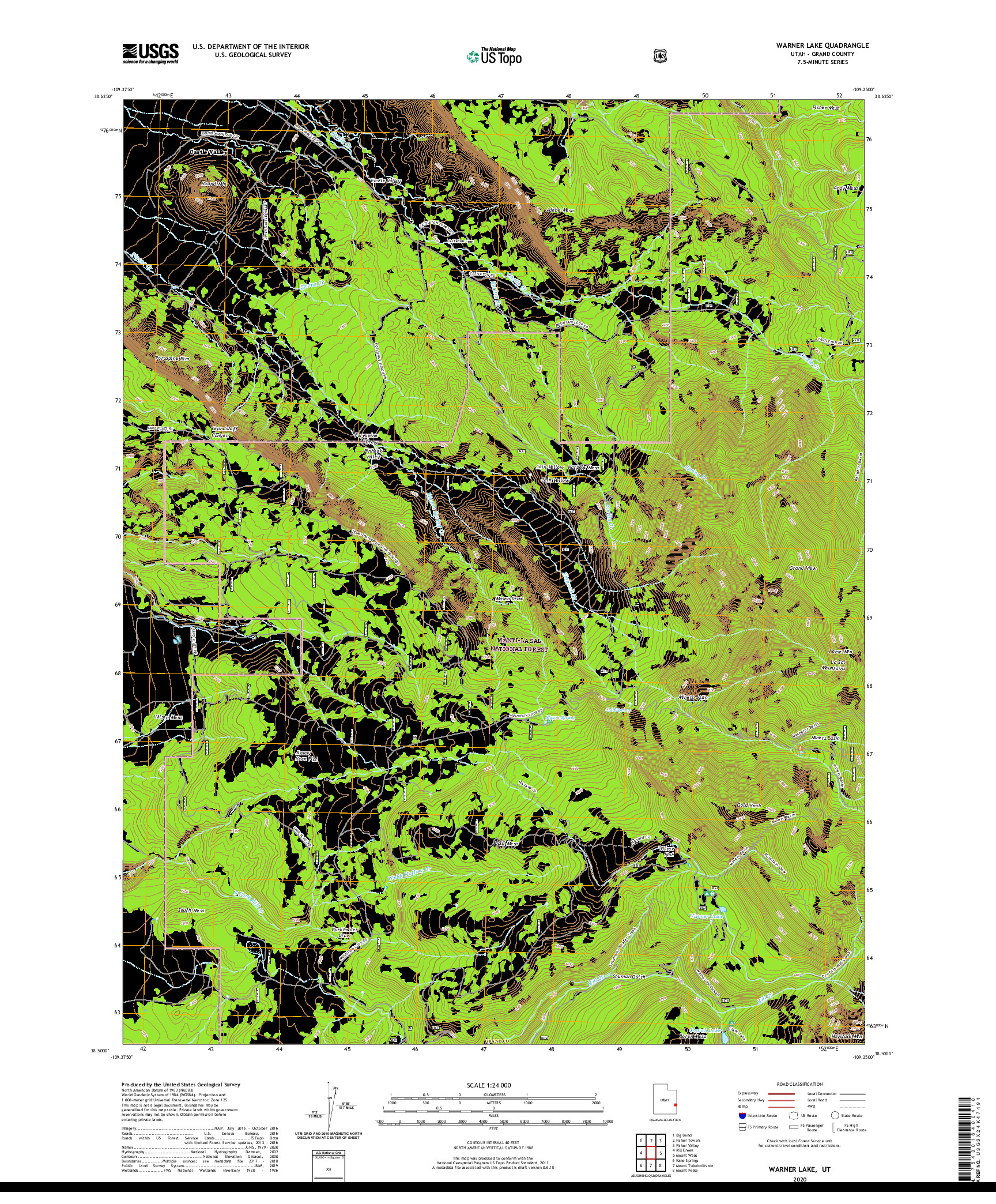 USGS US TOPO 7.5-MINUTE MAP FOR WARNER LAKE, UT 2020