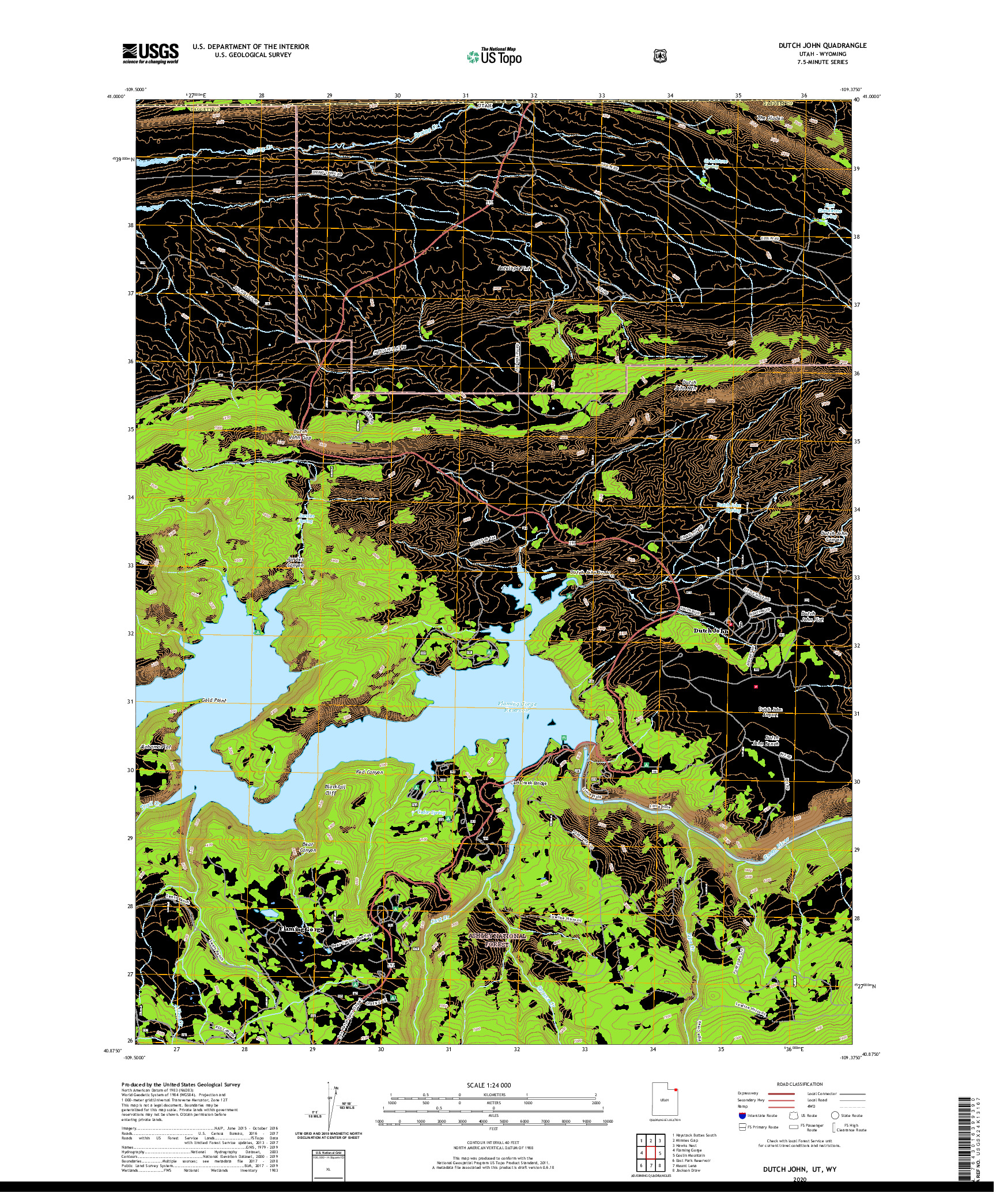 USGS US TOPO 7.5-MINUTE MAP FOR DUTCH JOHN, UT,WY 2020