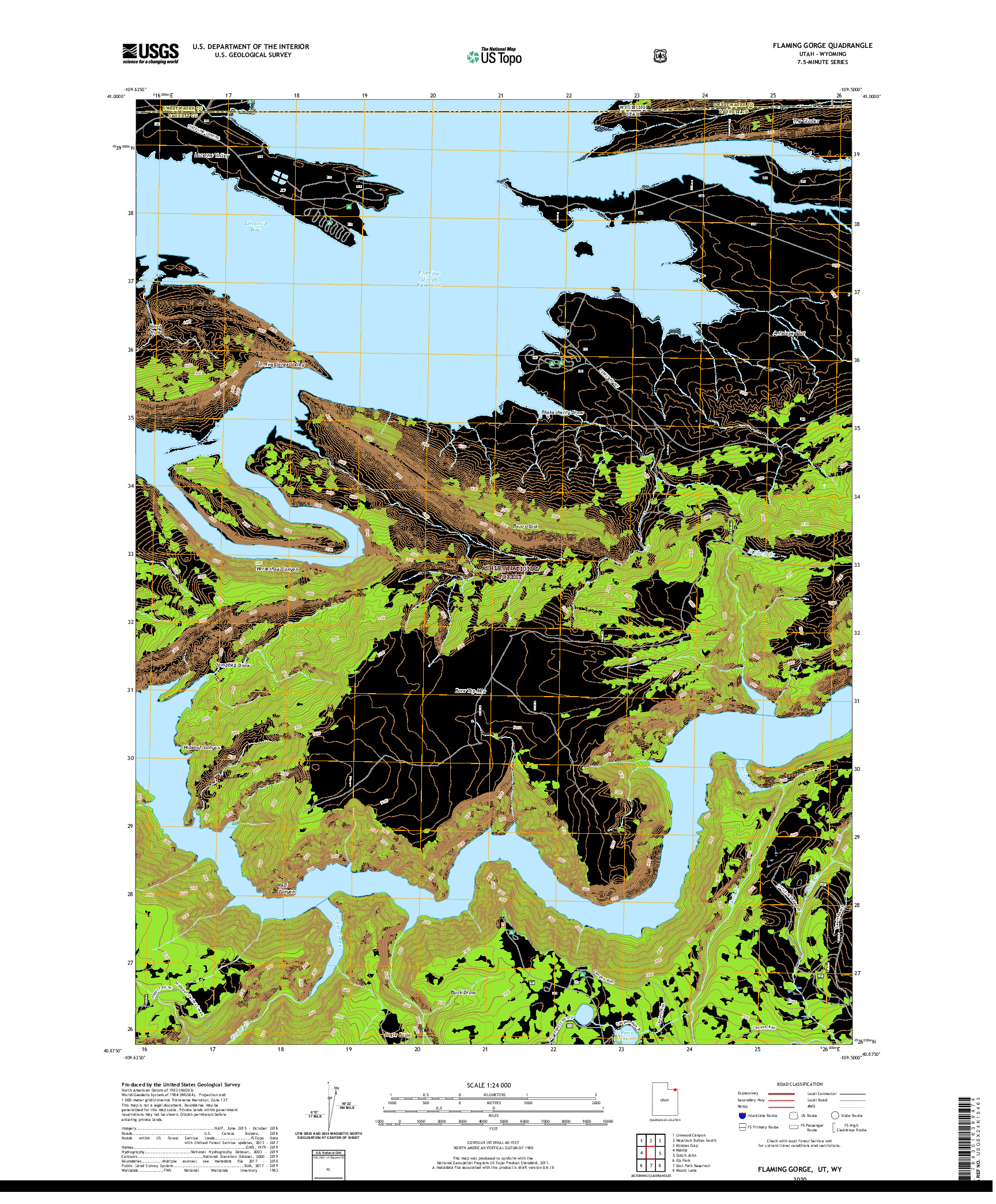 USGS US TOPO 7.5-MINUTE MAP FOR FLAMING GORGE, UT,WY 2020